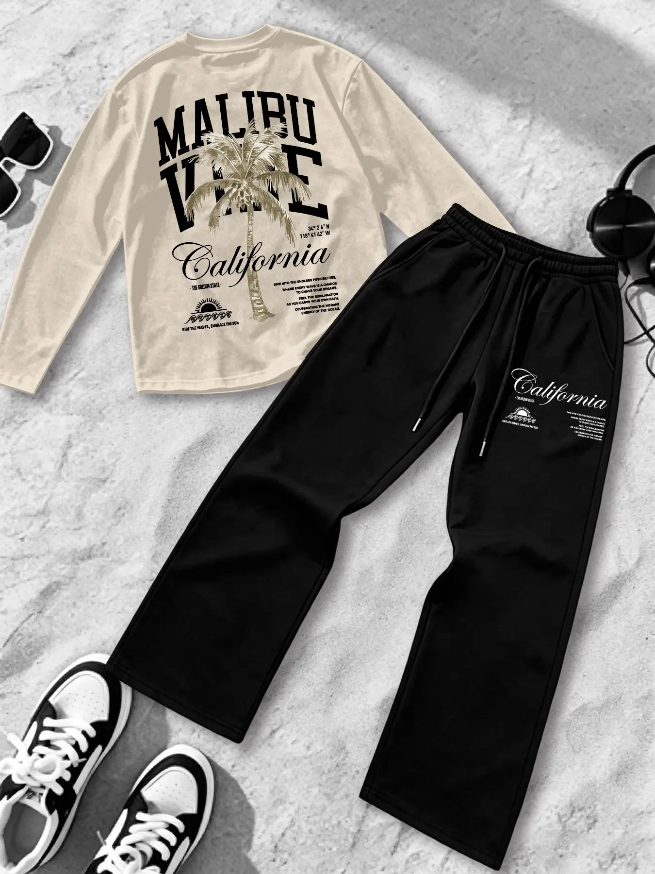 Men's Casual Loose Long Sleeve Pants Set, Malibu Atmosphere California Palm Tree Two-Piece Set, Vintage Washed T-Shirt & Wide Leg Pants