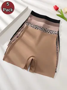 Leopard Print High-Waist Shapewear Pants, Comfortable Soft Waist Cincher for All Seasons, Yoga Safety Bottoms, 5-Pack