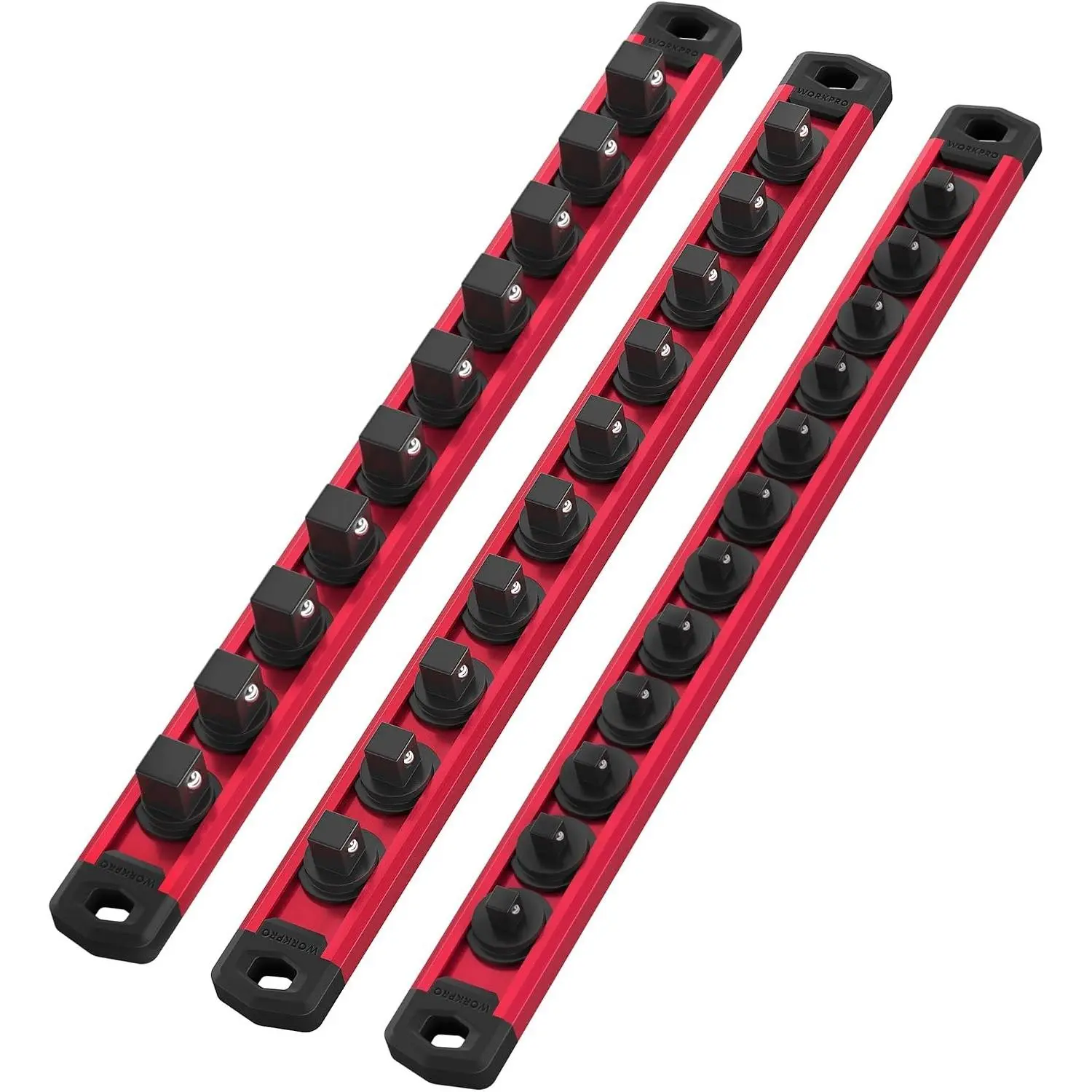 Magnetic Socket Organizer Set, 3-Piece Aluminum Alloy Socket Rail, Heavy Duty Socket Holder, Socket Rack Kit 1/4-Inch x 12 Clips, 3/8-Inch x 10 Clips, 1/2-Inch x 10 Clips (Red)