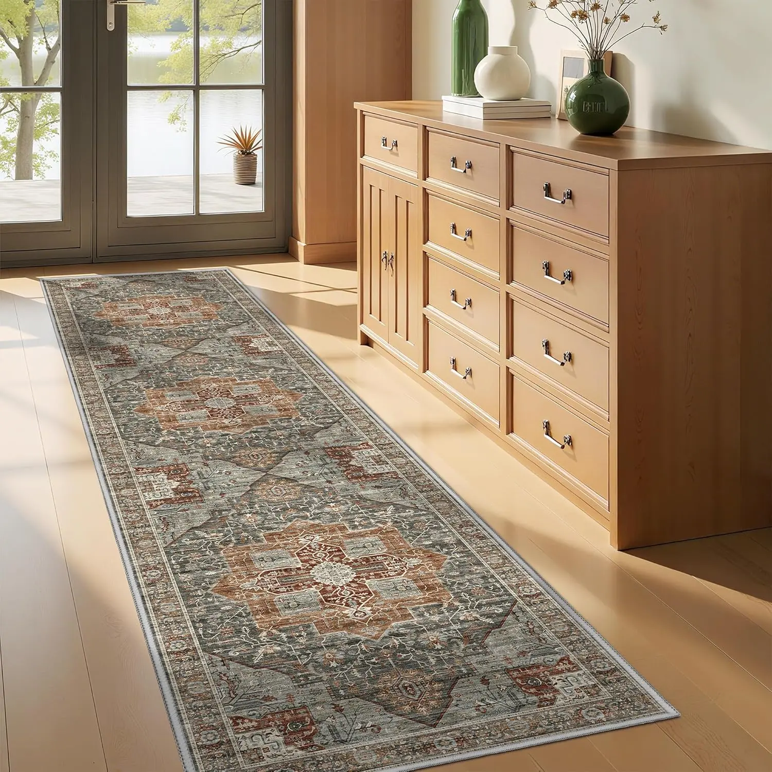 ComiComi Vintage Luxury Hallway Runne Rugs,Soft Low Pile Long Rug, Stain&Water Resistant, Non Slip Washable Rugs, Entryway Runner Rugs For Indoor Decor, Small Bedside Runner, Pet Friendly Rug for Bedroom, Laundry Room Decor Carpet Mat(2'x6'/’2'x8'/2'x10')