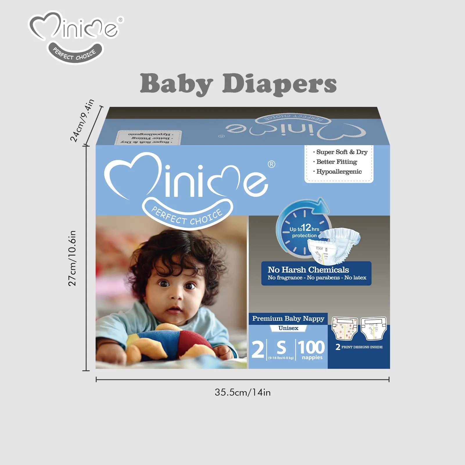 Minime Premium Baby Diapers Value Pack, Newborn to XXL, 56-112 Count, Soft Breathable Top Sheet, Elastic Waistband, Leg Cuffs and Wetness Indicator