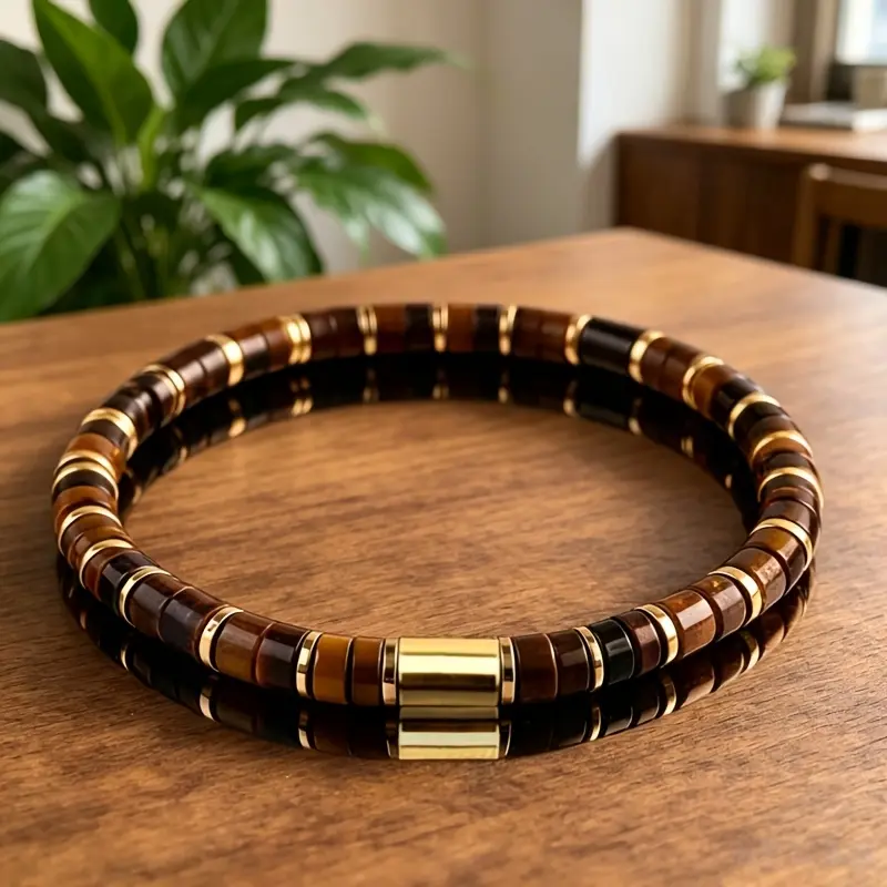 Men's Handmade Crafted Golden-Tone Natural Tiger Eye Stone Bracelet - Stainless Steel Bangle, Resized Fit, Strength & Success Symbol, Suitable for Daily Wear, Christmas Gifts for Husband