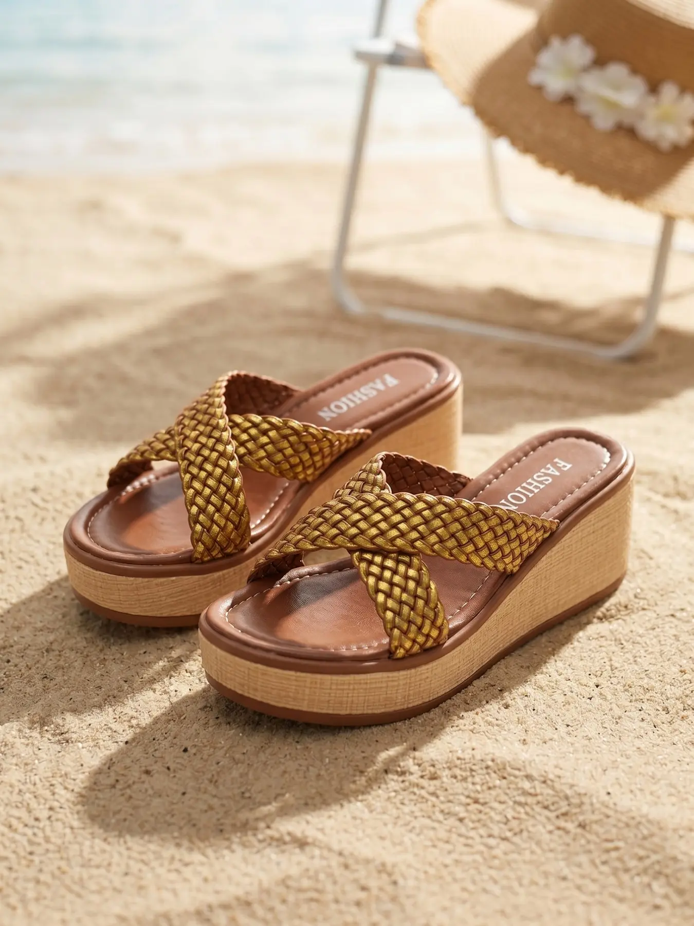 Summer Outdoor Thick Sole Wedge Sandals for Women, Braided Cross Strap Straw Platform Shoes, Anti-Slip Height-Boosting Beach Slippers