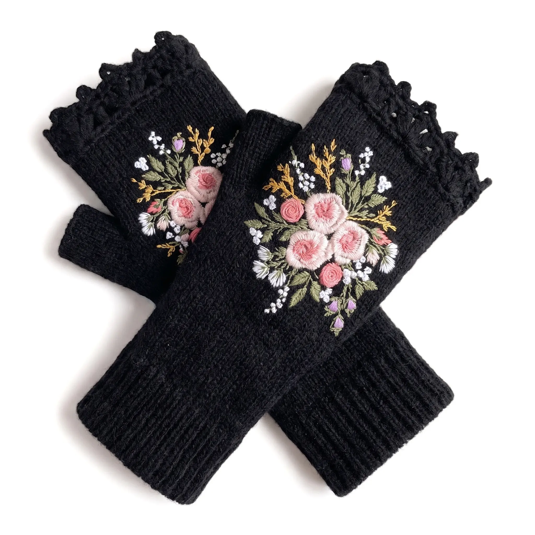 Cozy Half Finger Knit Gloves For Women Winter Warm Hand Stitched Floral Embroidery Acrylic Thermal Gloves Artistic Vintage Touchscreen Ready