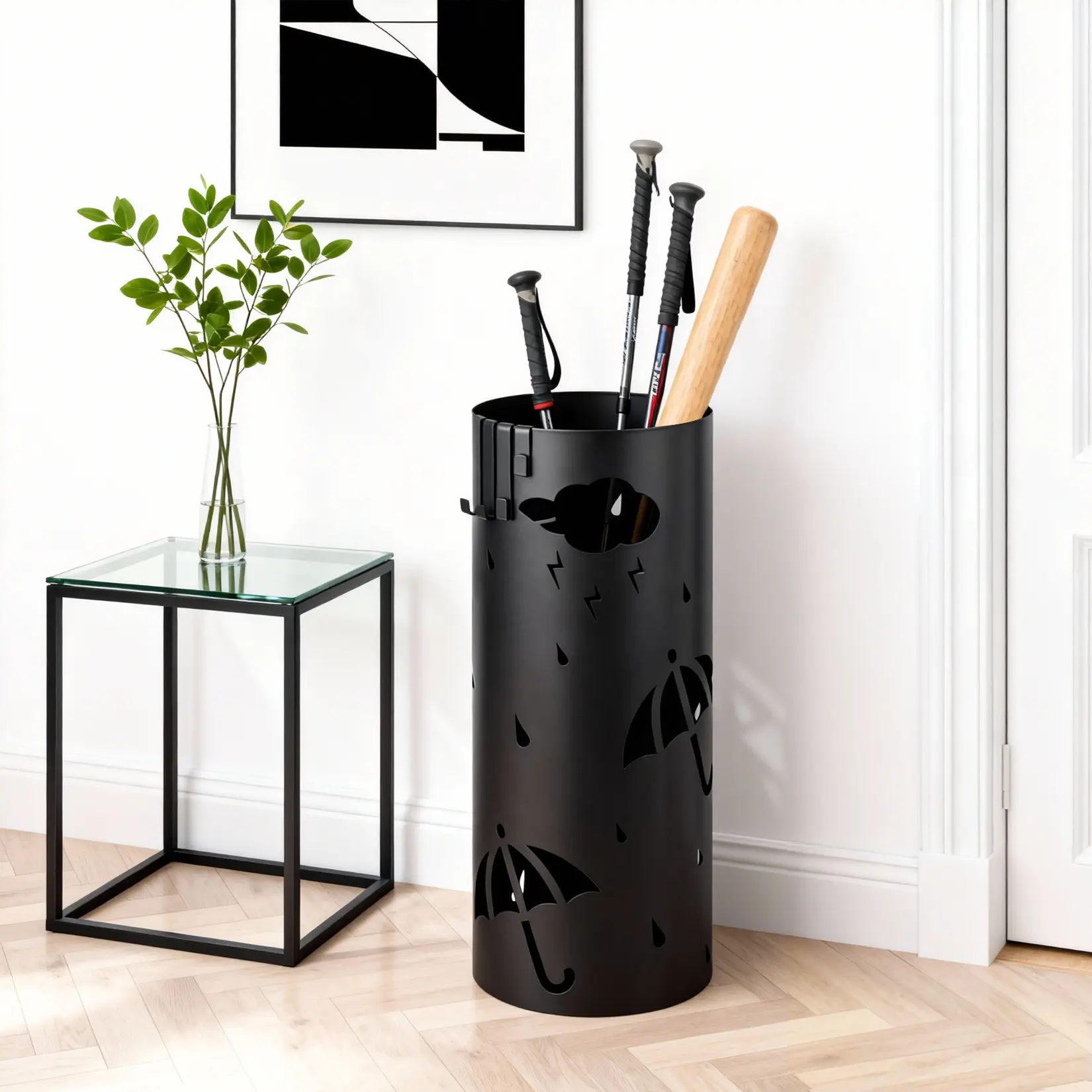 Sleek Black Freestanding Umbrella Stand – Cold Rolled Steel Storage Rack for Entryway – Holder for Canes, Walking Sticks & Umbrellas – Medium/Large Capacity