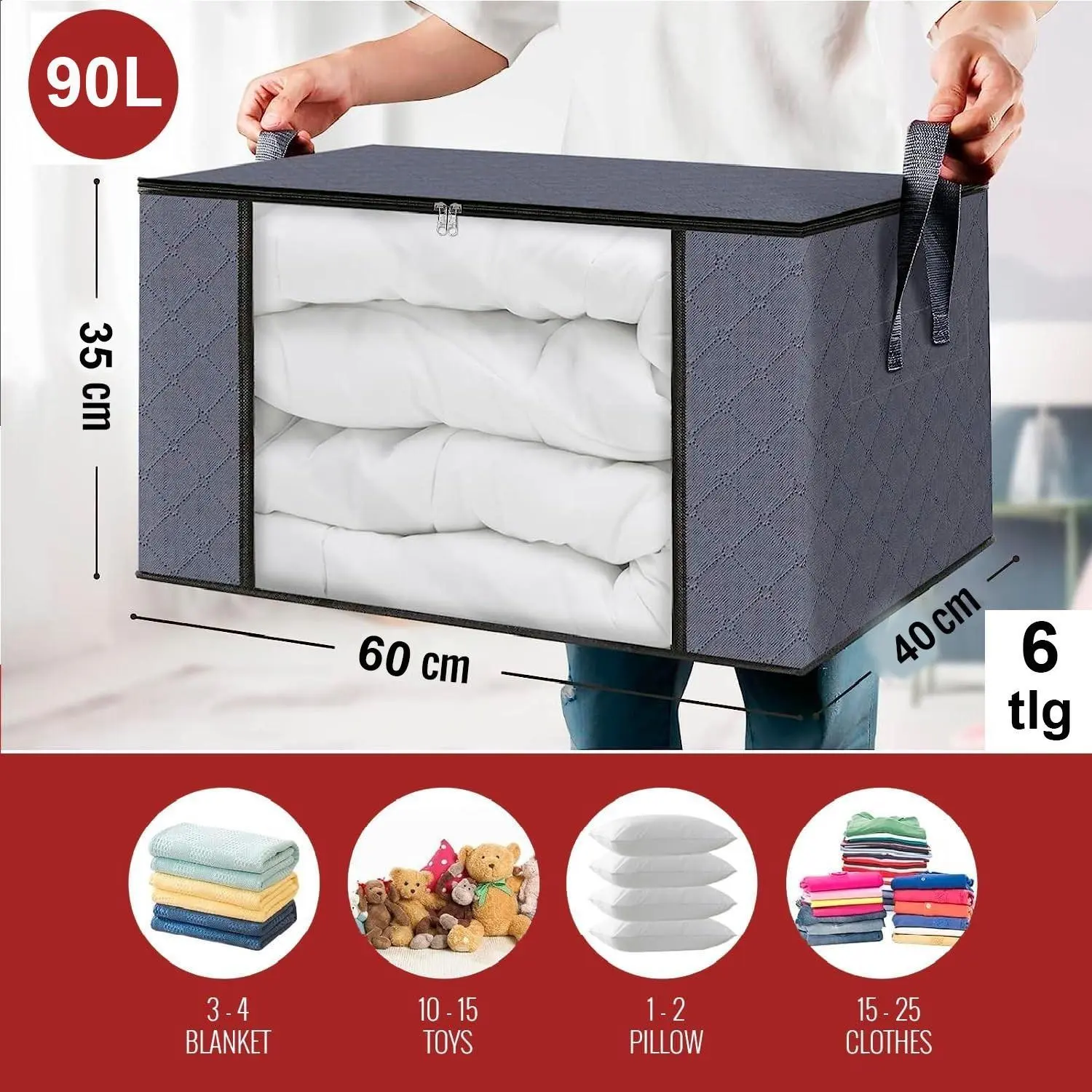 【Back To School Gift】90L - 6PCS Large Capacity Clothes Storage Bags with Clear Window, 3-Layer Thick Non-Woven Fabric Organizer, Reinforced Handles & Double Zippers, Foldable Closet Storage Containers for Blankets, Comforters, Sweaters, and Bedding