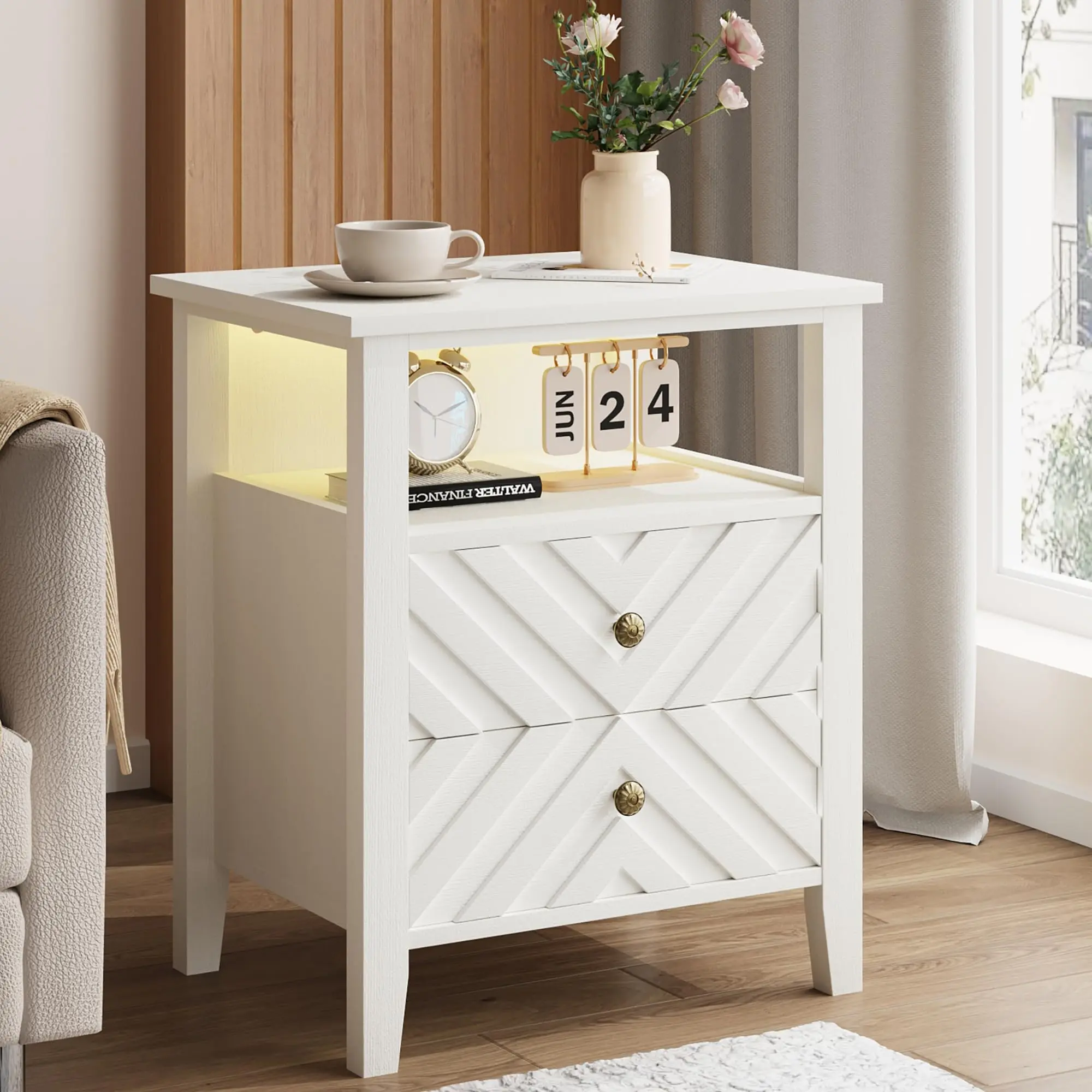 ✨ Garvee LED Nightstand with 2 Drawers – V-Shaped Farmhouse Style, RGB Backlight, Open Shelf & Sturdy Wood Legs for Bedroom! 🏡