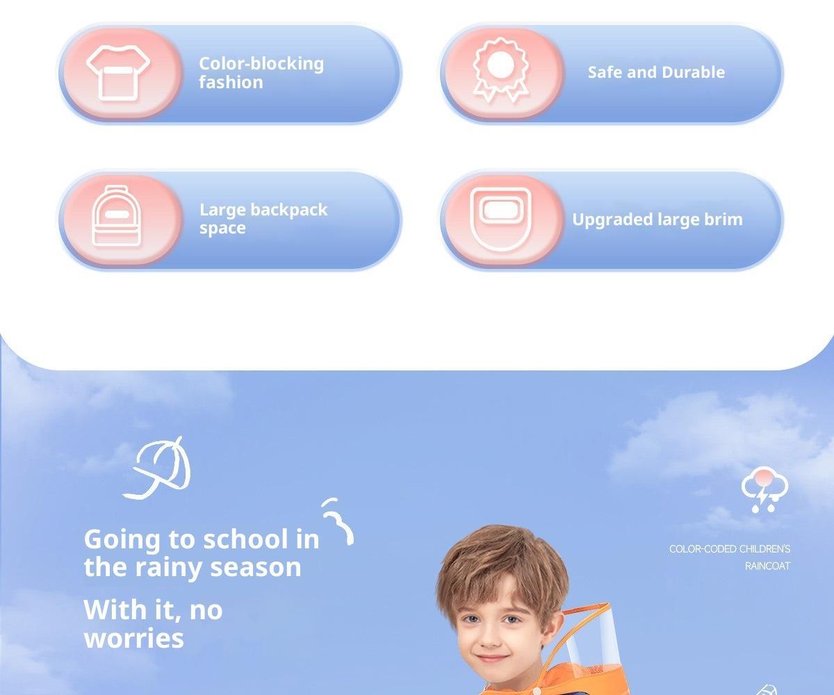 College style kindergarten with backpack, full body waterproof raincoat and raincoat