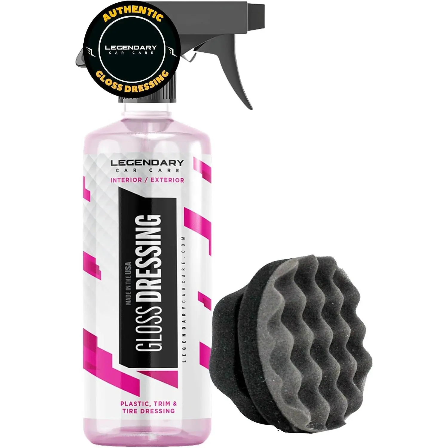 Legendary Gloss Dressing with Applicator 16oz - Tire Shine Spray & Plastic Restorer – Water Based & Non-Greasy Interior/Exterior Detailing Spray - Trim, Rubber, Vinyl & Plastic Restorer for Cars