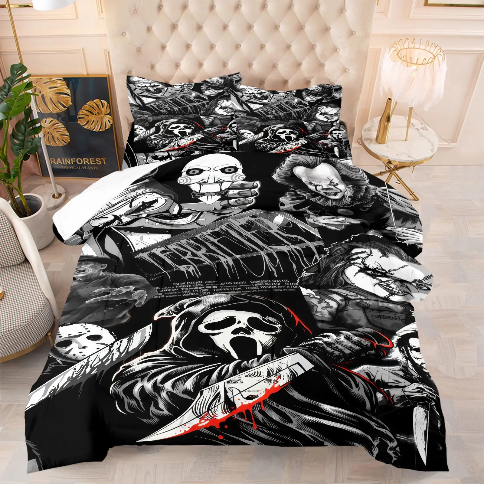 Black Background Horror Movie Character Comforter Set, 1 Comforter + 1-2 Pillowcases, Soft Cozy Breathable Microfiber Washable Bedding, Spooky Halloween Vibes Quilt Set, All Season Use Suitable for Bedroom Dorm Guest Room