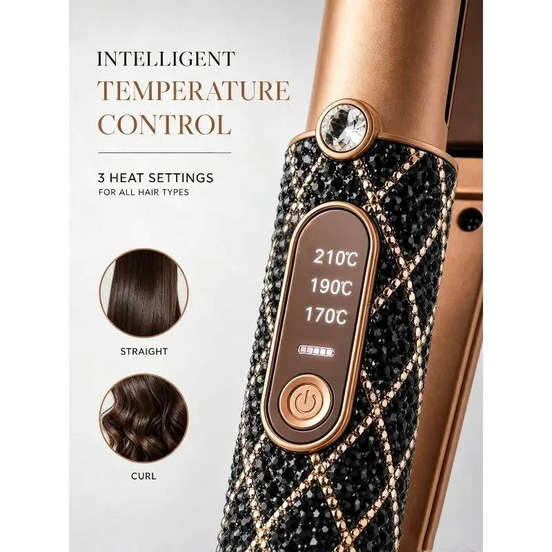Black Gold Cordless Rhinestone Hair Straightener, Portable PVC Styling Tool with Adjustable Temperature for Travel Use, Fast-Heating, Daily Styling, Hair Styling, Battery Powered