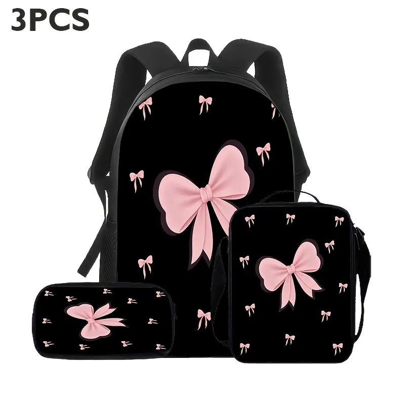 Pink Bow 3-Piece Backpack Set, Coquette Aesthetic School Bookbag with Matching Lunch Bag and Pencil Case, Black Cute Ribbon Backpack for Girls Teens, Gift, School Travel Aesthetic Daypack Gift