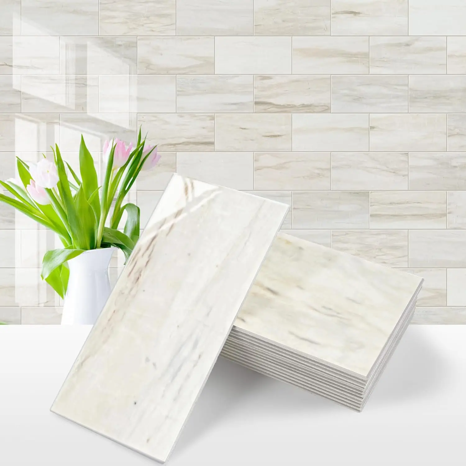 4- Glossy Wooden Marble Grain Peel & Stick Backsplash  | 3''x6'' PVC Subway  with White Grout, Stick  Backsplash for Kitchen/Bathroom/Fireplace/Laundry/Camper
