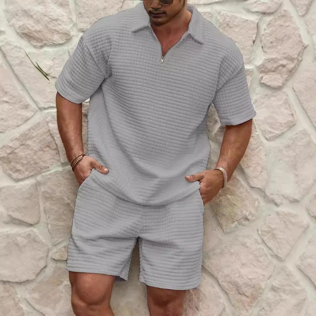 Summer Men's Set New Fashionable Style Simple Waffle Color Solid Color Collar Polo Shirt Short Sleeve Shorts Sports Set