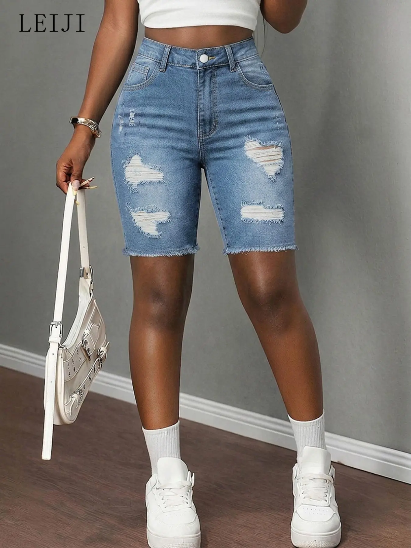 Women's Summer Denim High Waisted Jeans, Casual Fashion Jeans, High Elasticity High-Waist Slim Fit Pants, Washed Blue Ripped Design, Casual Style Womenswear Bottom