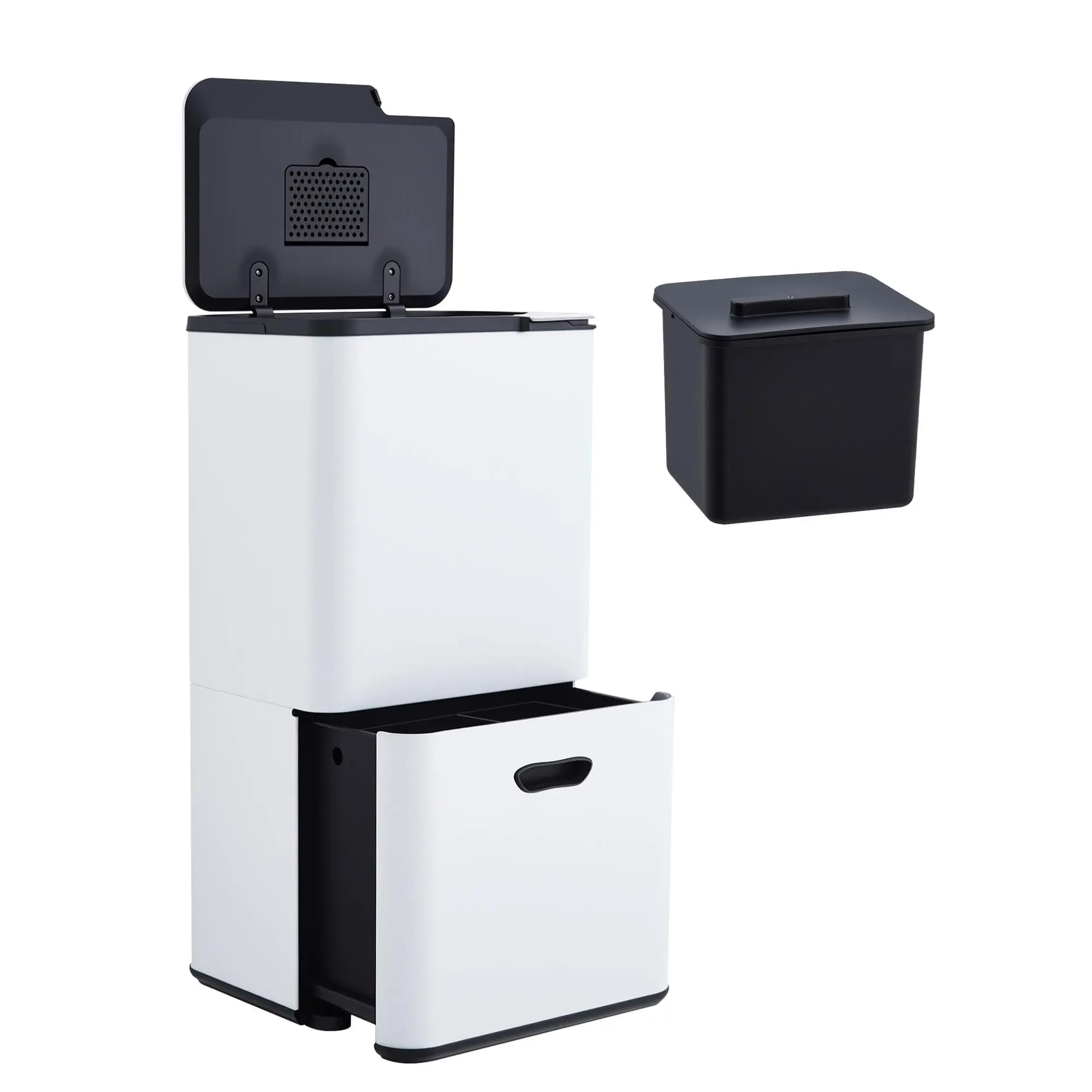 Garvee Dual Compartment 16 Gallon Kitchen Trash Can – Stainless Steel Recycling & Garbage Bin Combo – Removable Odor-Control Buckets – Compost Caddy – Slow-Close Lid – Fingerprint Resistant