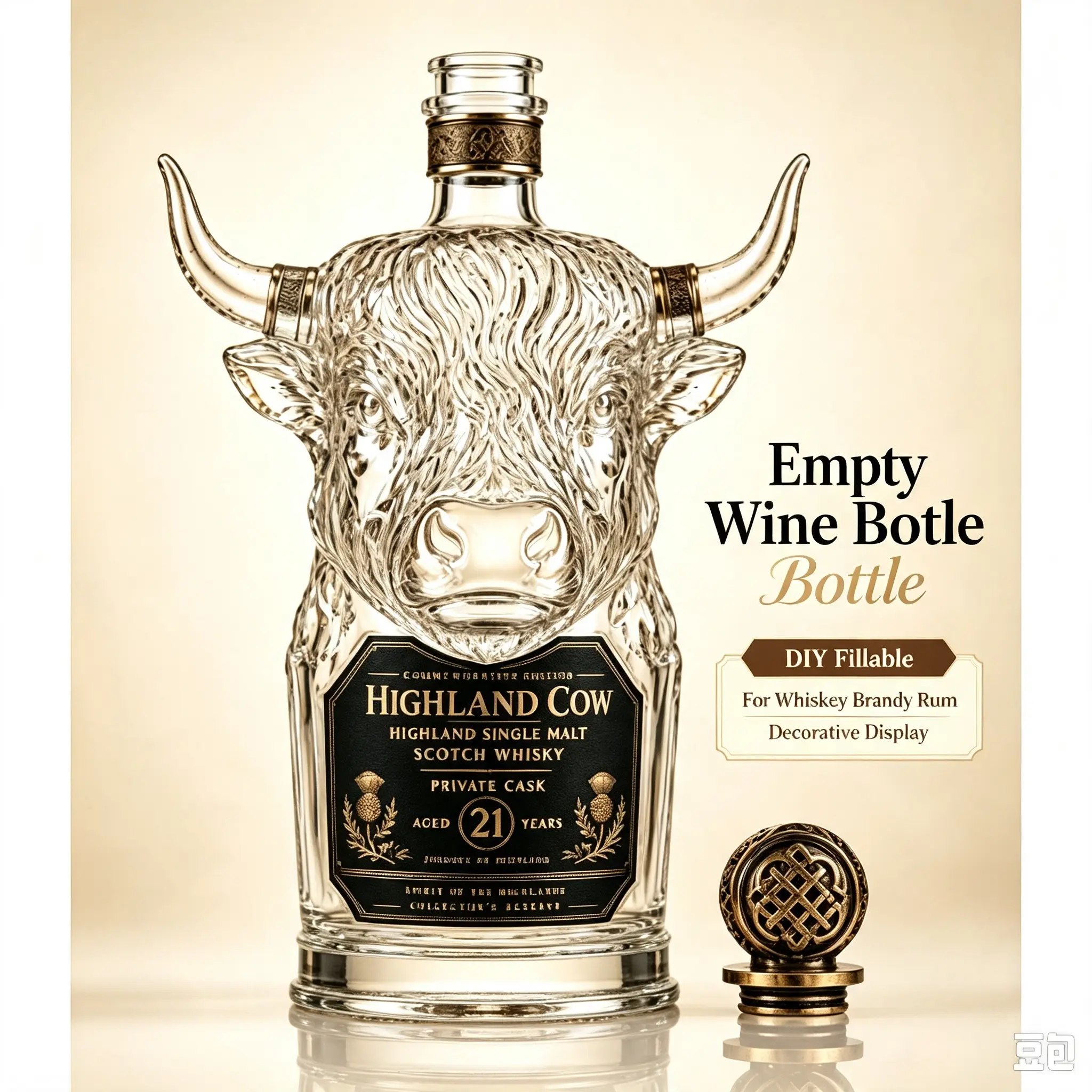 Highland Cow Head Shaped Whiskey Decanter, Vintage Embossed Glass Empty Wine Bottle With Metal Stopper, Decorative Ornament Gift For Whisky Lovers Bar Home Decor Unbreakable Dark Green Drinking Glasses angel shot glass cup bottle Insulated Rocks Tumbler