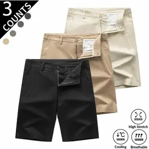 3pcs-2026 Summer New Arrival Men's Cotton Chino Shorts, Knee-Length 5 Inch Slim Fit Casual Dress Shorts, Lightweight Breathable Soft Twill Fabric, Classic Solid Color Black, Korean Style Trendy Straight Leg Mid Shorts, Button Zipper Closure.