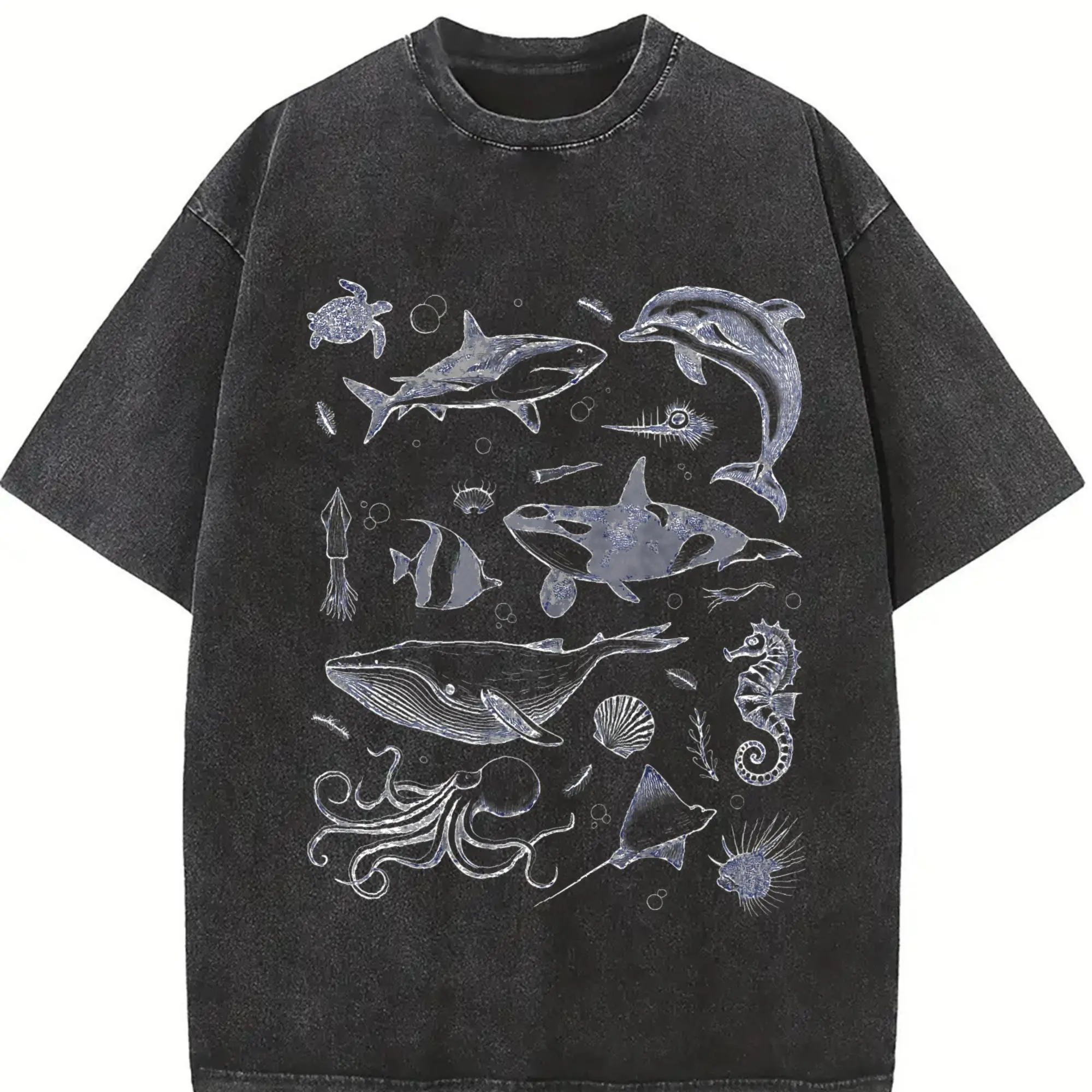 Unisex Cut 90s Vintage Round Neck Casual Graphic Art Ocean Theme T-Shirt - Sea Creatures, Whale, Orca, Sealife, Turtle, Dolphin - Adult Tee Top for Men, Women
