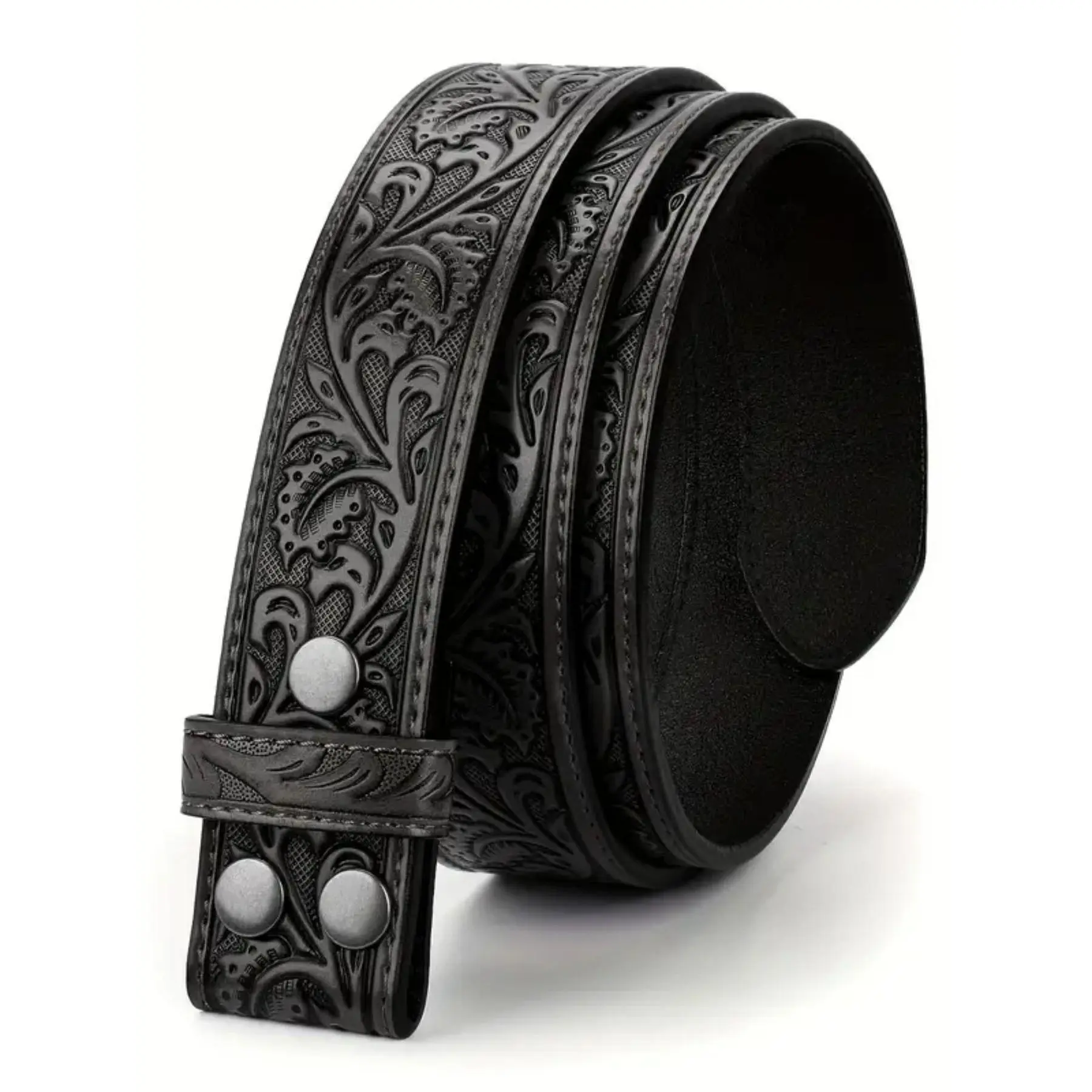 Heavy Duty Tooled PU Leather Belt for Women & Men, Western Style Unisex Strap with 3 Snaps for Interchangeable Buckles, Belts For Women, Pu Material, Tooled Pattern