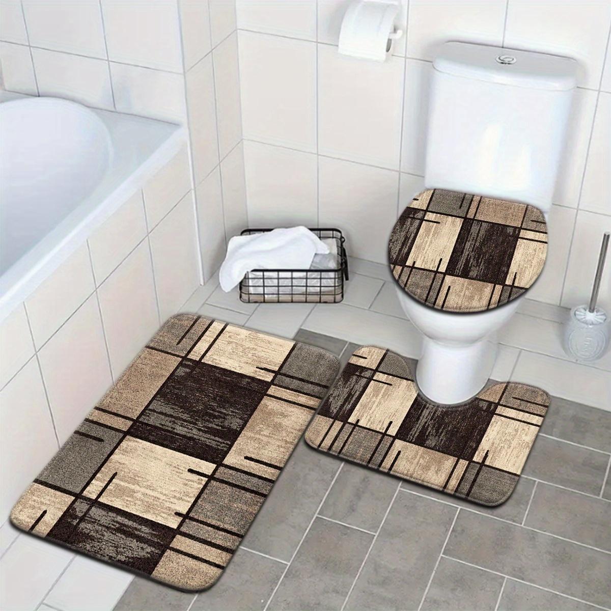 Bathroom Rug Set, Flannel Absorbent Non-Slip Bath Mats, Retro Geometric Grid Design, Washable Floor Mats for Tub, Shower, Toilet, U-Shaped Contour Mat & Lid Cover for Bathroom Decor