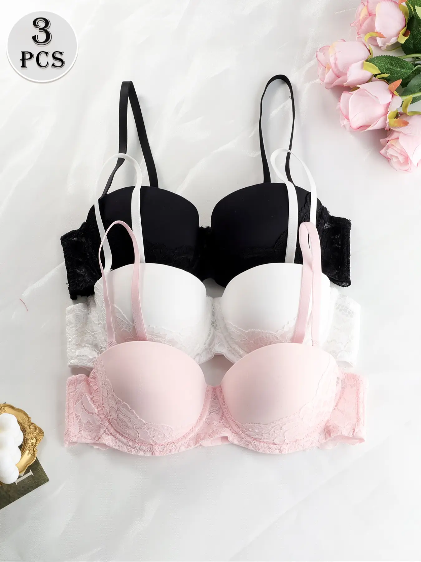 3-piece pack  Women's Floral Lace Unlined Underwire Bra, Demi Cup Balconette Bra with Adjustable Straps  Push-up bra, casual everyday wear, comfortable underwear, suitable for all seasons, women's clothing