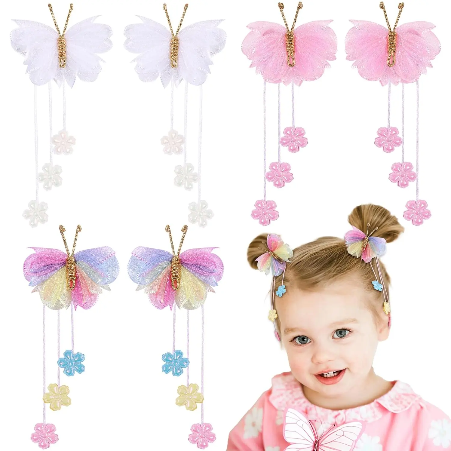 6 count Butterfly Hair Bows for Girls, Tulle Bows |  Clips -  to School (Butterfly Bows)