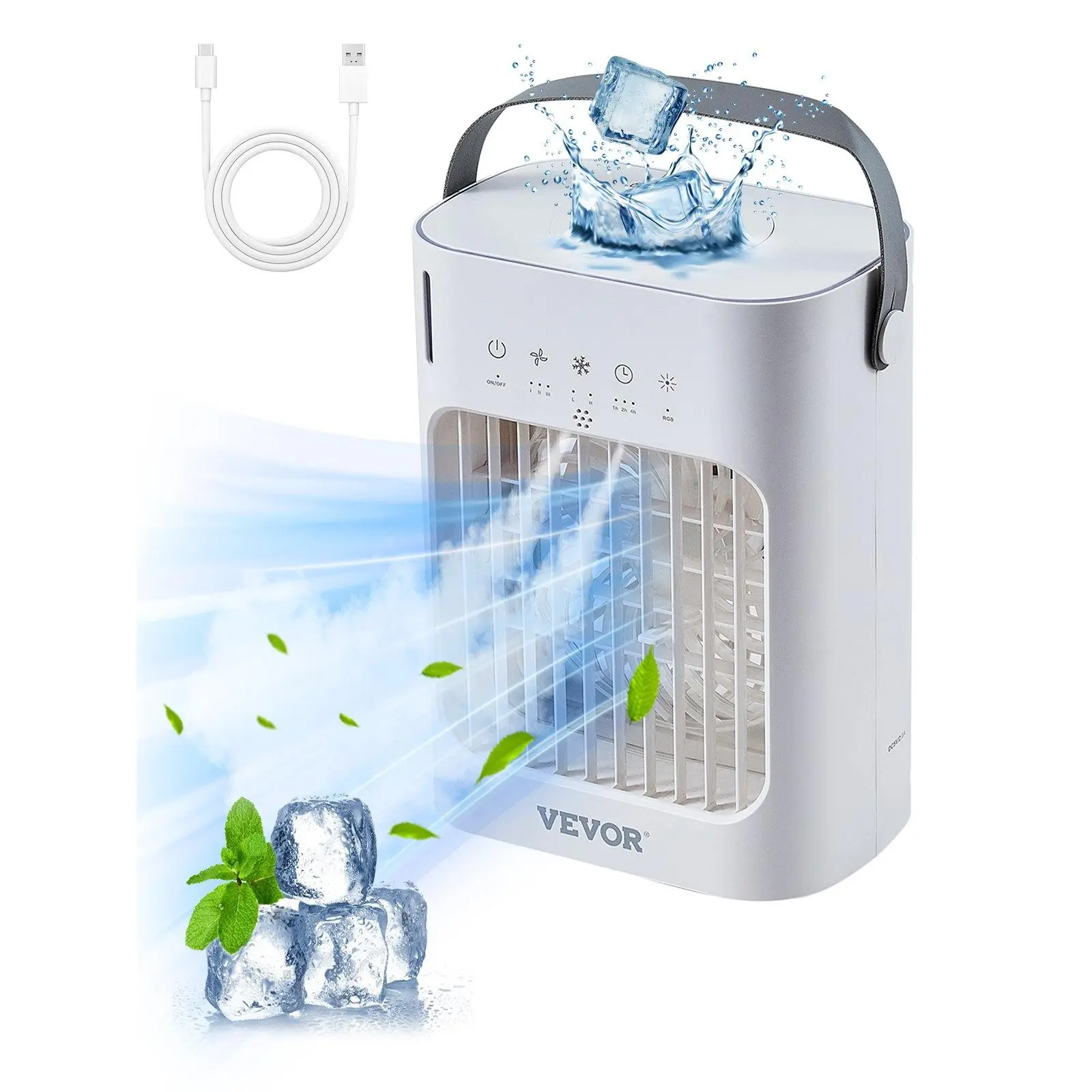 VEVOR Portable Air Conditioner, 4-in-1 Evaporative Air Cooler, 3-Speed Mini Air Conditioner with 0-7H Smart Timer, 700ml Water Tank, 7-Color Light, Personal Mini Desk AC Fan for Bedroom Office Room