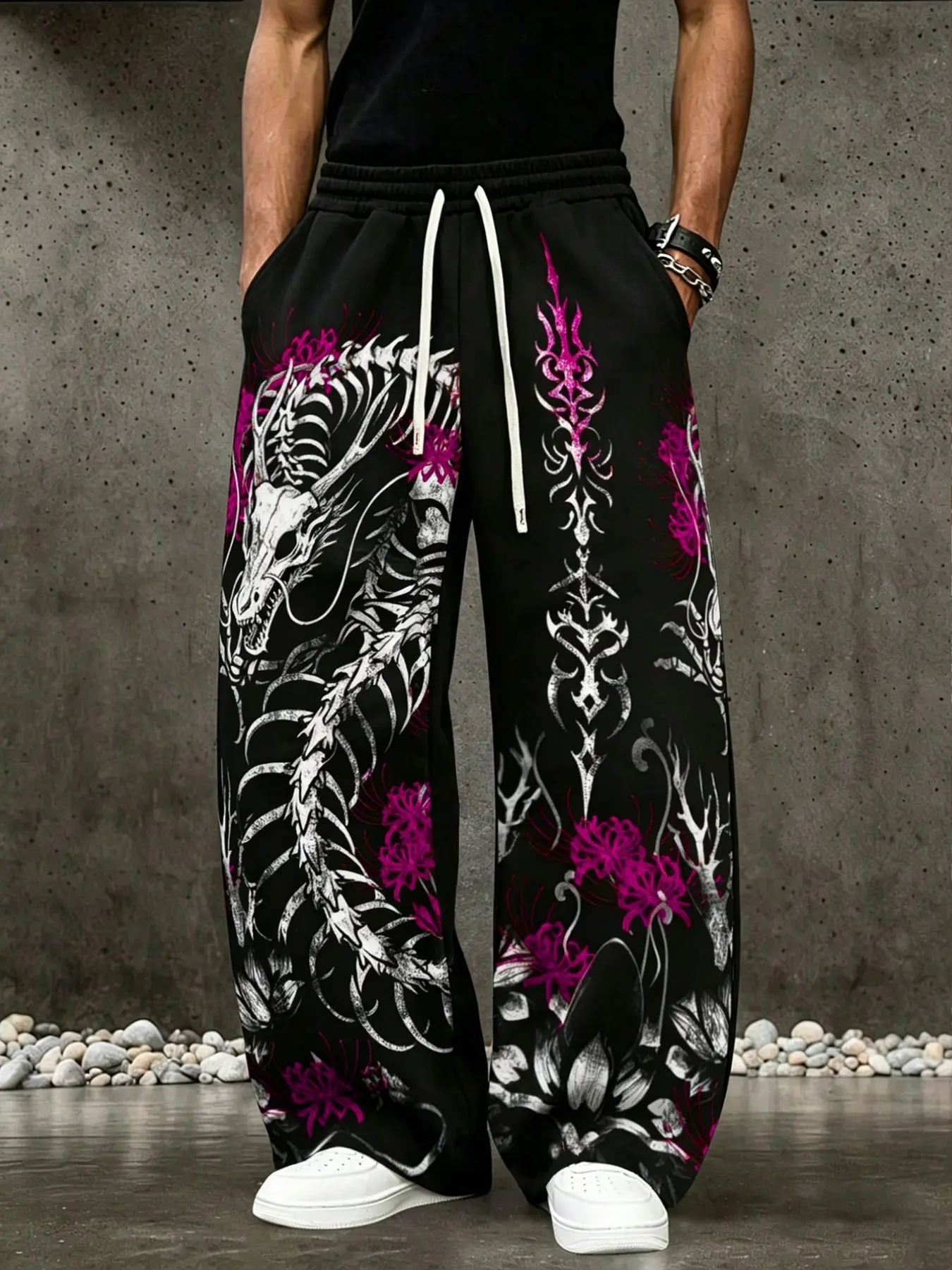 Unisex Oriental Gothic Streetwear Wide Leg Sweatpants Elastic Waist White Drawstring Fleece Trousers, Full Leg Skeleton Dragon, Red Spider Lily And Lotus Allover Print, Loose Baggy Casual Graphic Pants, Edgy Alt Hip Hop Outfit For Street Shooting Skate Co