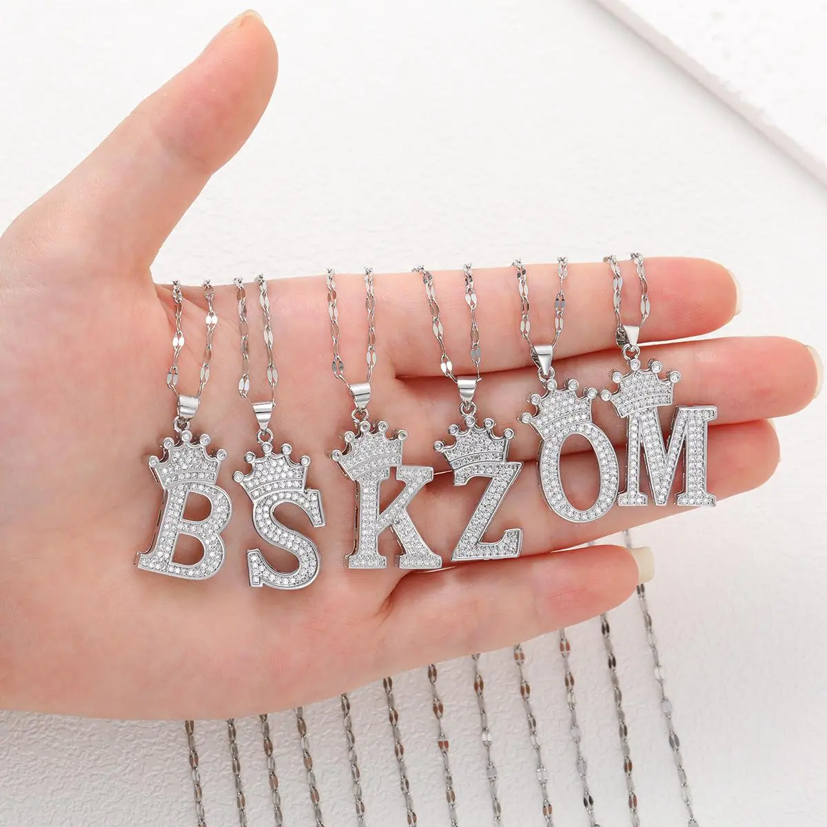 Silver Plated Crown Initial Necklace for Men Women, Trendy Bling Diamond A-Z Letter Crown Shiny Cubic Zirconia Monogram Pendant Necklace Name Jewelry Holiday Wear Accessories