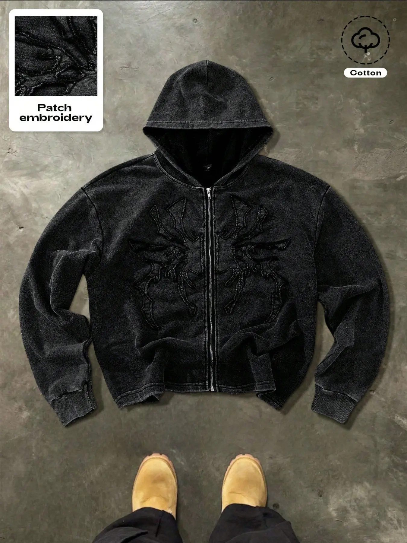 Vintage Washed Short Cotton Zipper Hoodie, Spider Embroidery Loose Sweatshirt, Gothic Streetwear, Casual Streetwear Hoodie, Men's Daily Skateboarding