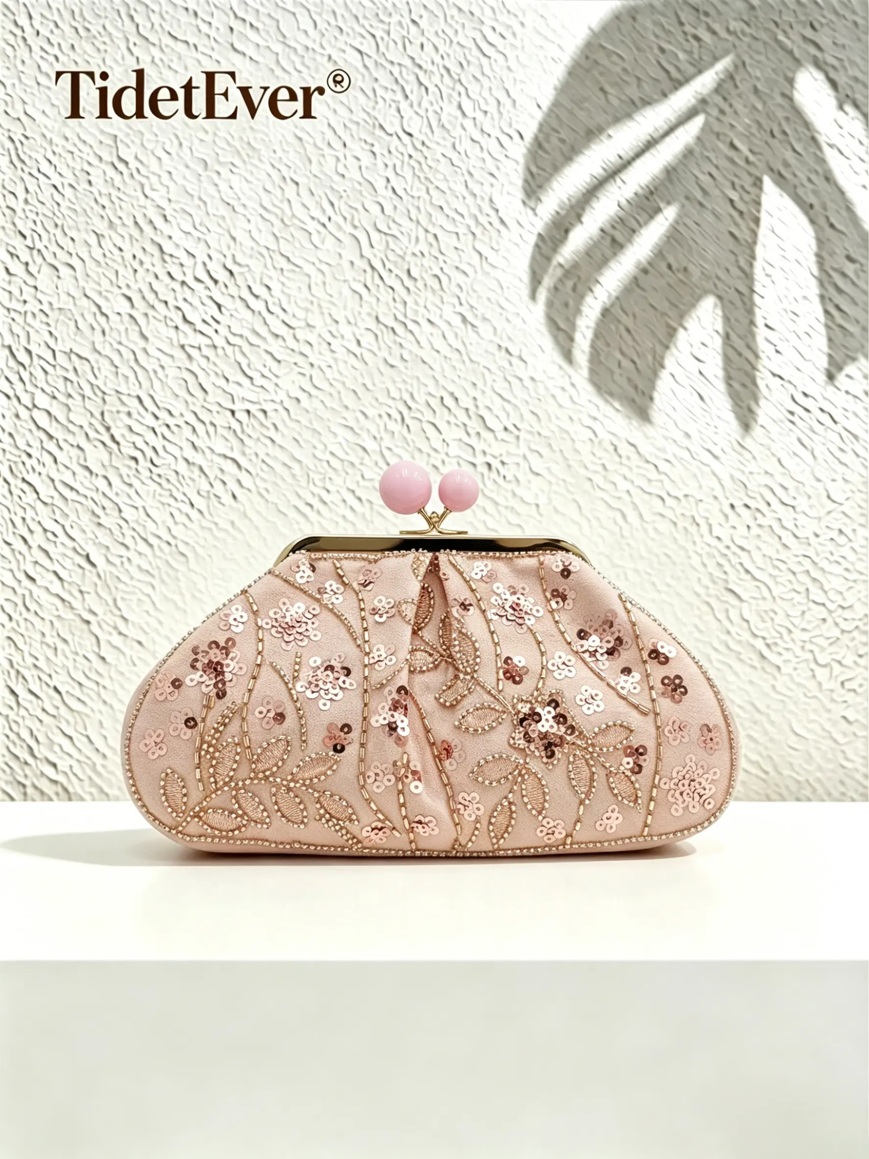 Women's Clutch Bag, Evening Bag, Vintage Elegant Light Pink Floral Embroidered Kiss-Lock Purse, Wedding Bridesmaid Bag, Prom/Party/Banquet Formal Bag, Sequin Beaded Soft Handbag with Detachable Chain Crossbody, Double Pink Bead Clasp Design, Ideal for Dat