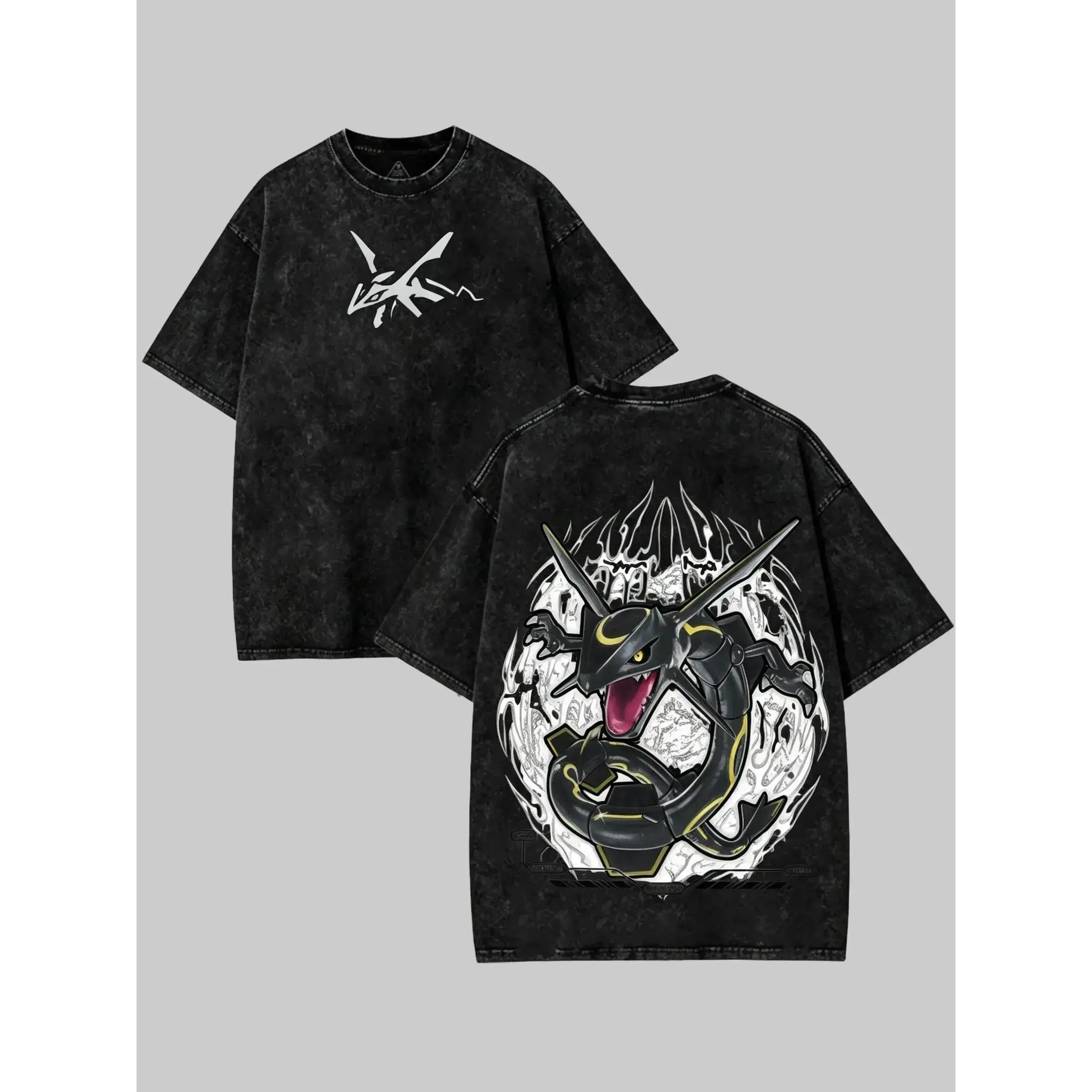 Men's Shiny Rayquaza Anime Graphic Tee - Heavyweight Acid Wash, Short-Sleeve, Round Neck Menswear Casual Top, Vintage Dark Grunge Streetwear Oversized T-Shirt, Shortsleeve, Double-Sided, Relaxed, Distressed