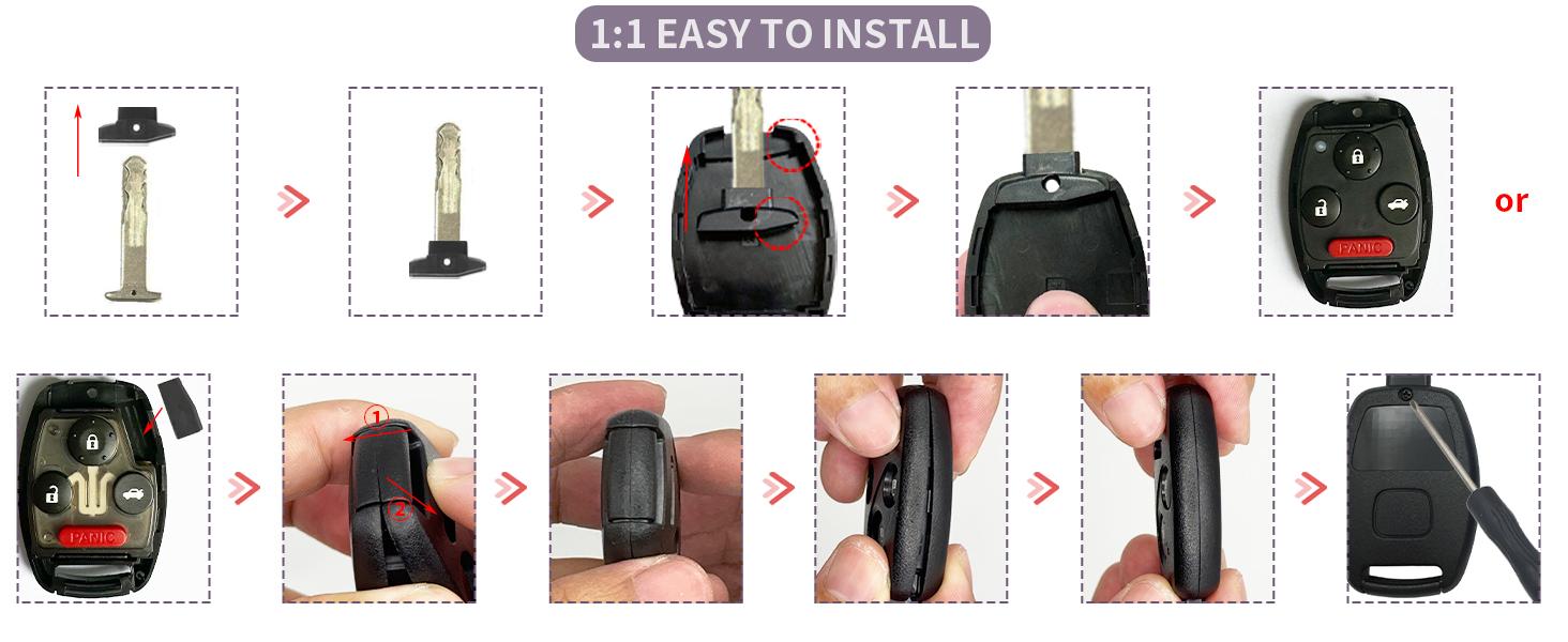 2 Pack Key Fob Shell Replacement for Honda Accord 2003-2012 / Civic EX 2006-2013 / Pilot 2009-2015 / CR-V 2005-2006 4 Button Car Keyless Entry Remote Control Key Fob Case Cover - NO Cutting Require