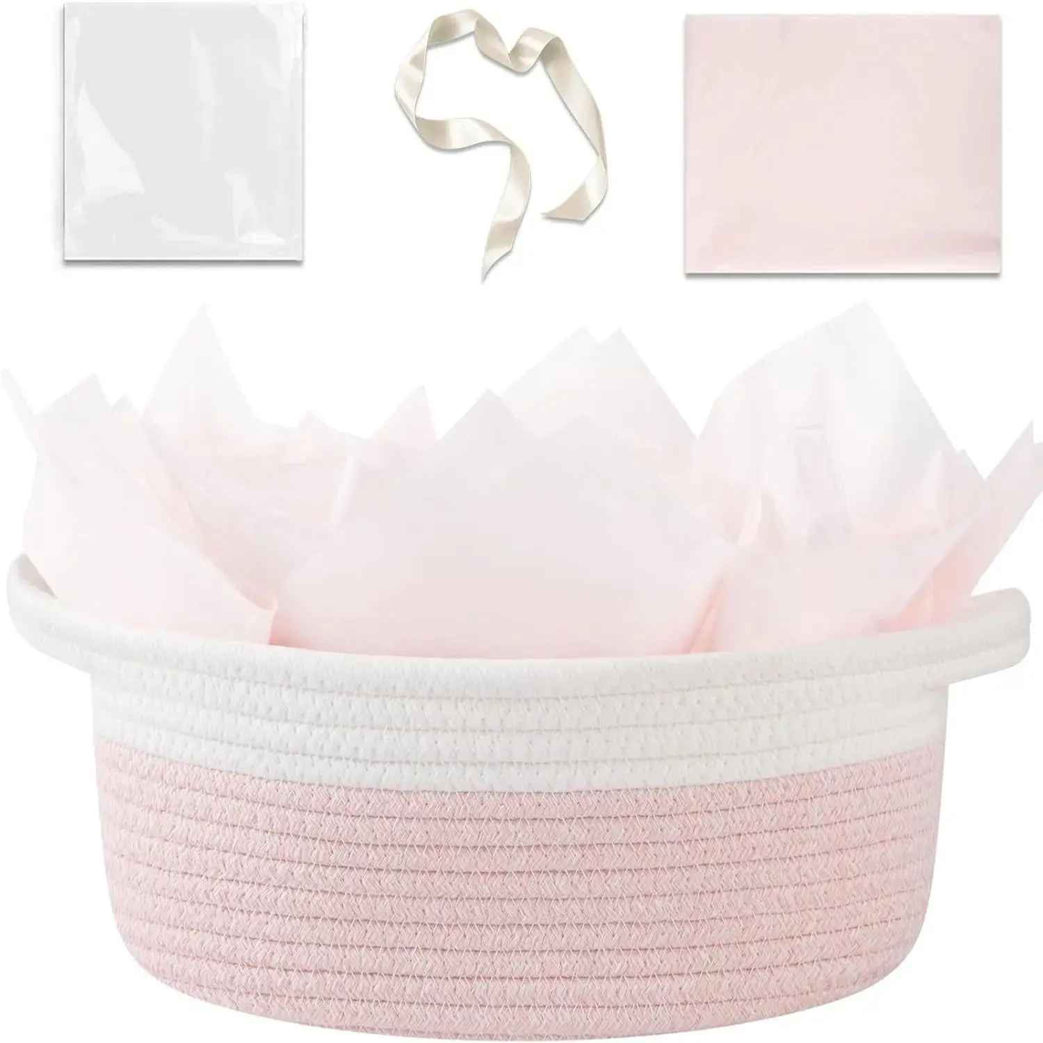 Cotton Rope Woven Storage Basket with Handle, Includes Gift Bag and Ribbon, Durable Empty Basket for Pet Supplies, Beauty Products, Holiday Gifts