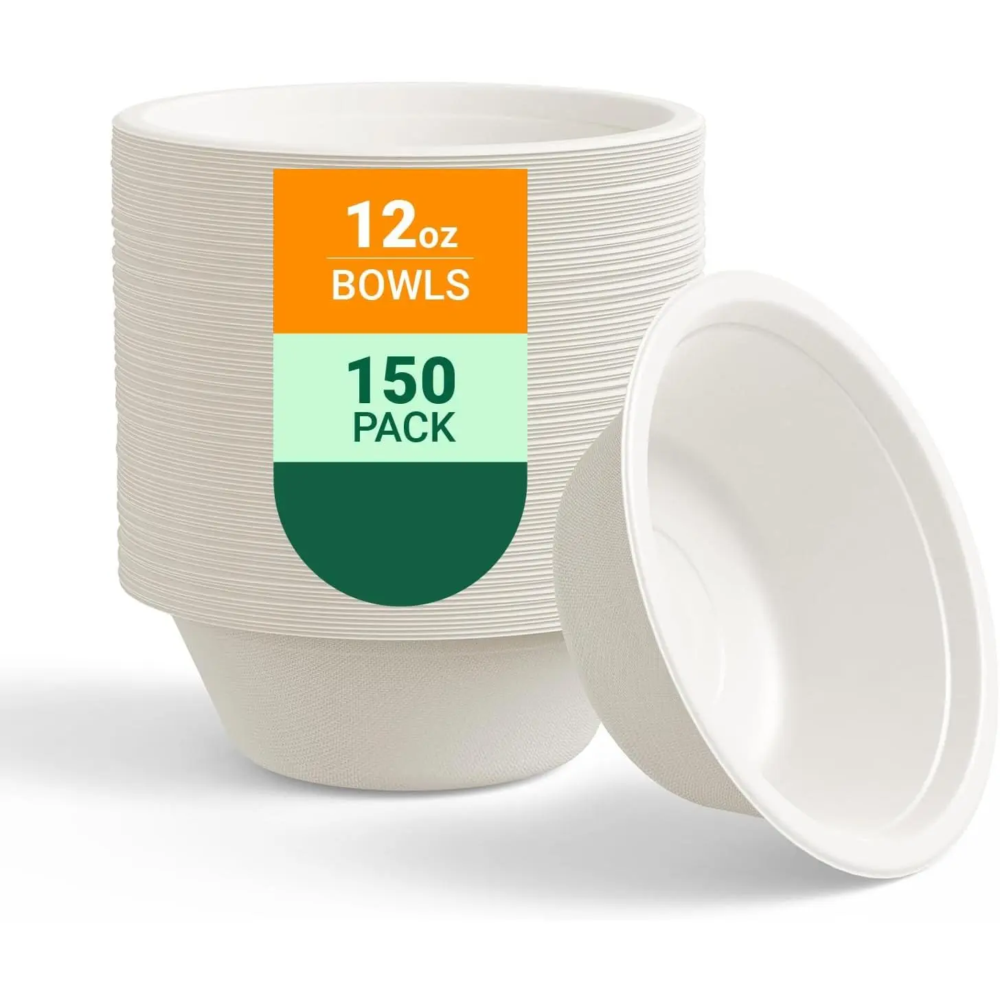 12 oz Compostable Paper Bowls, 150-Pack Heavy-Duty Biodegradable Sugarcane Bowls for Soup, Salad, Cereal, Snacks and Dessert, White