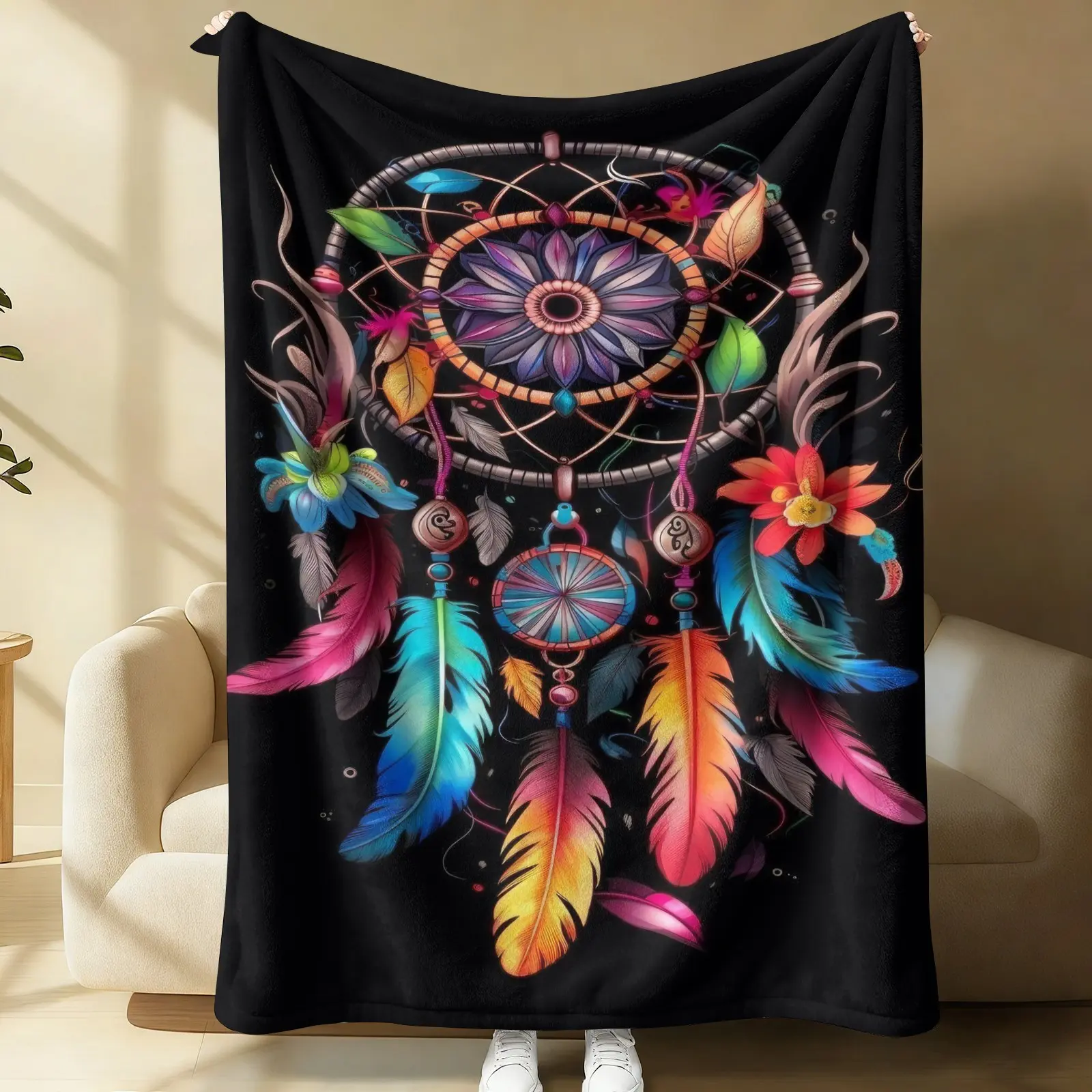Colorful Dreamcatcher Print Flannel Blanket, Boho Soft Cozy Throw Blanket, Warm Lightweight Gift Blanket for Sofa Couch Bed Travel Camping Holiday Birthday Gift For Women Girls