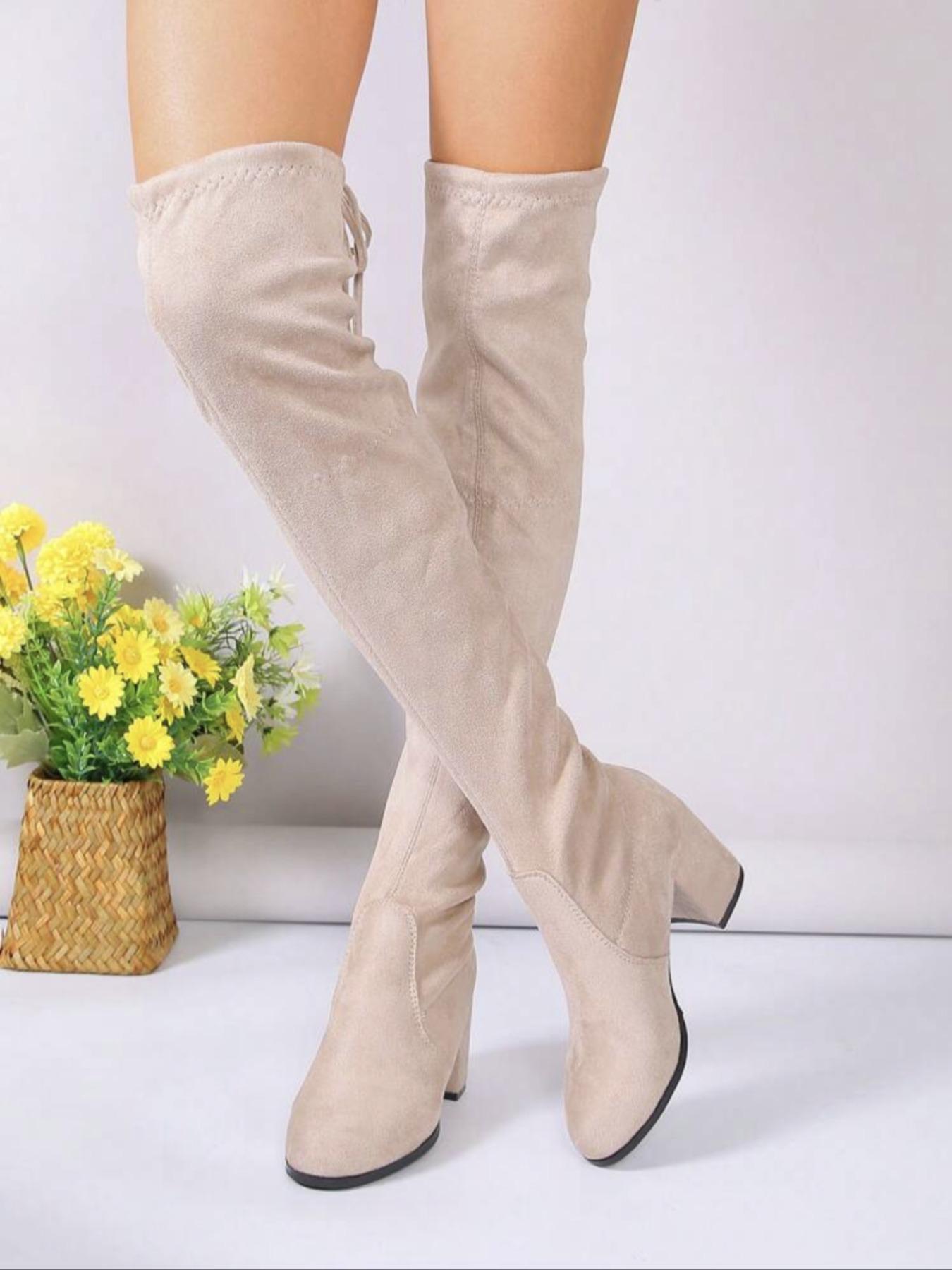 Women's New Style over Knee High Heel Boots, Heeled Knee Boots, Polyester Upper, Rubber Sole, Casual Fashion Shoes for Fall & Winter Seasons