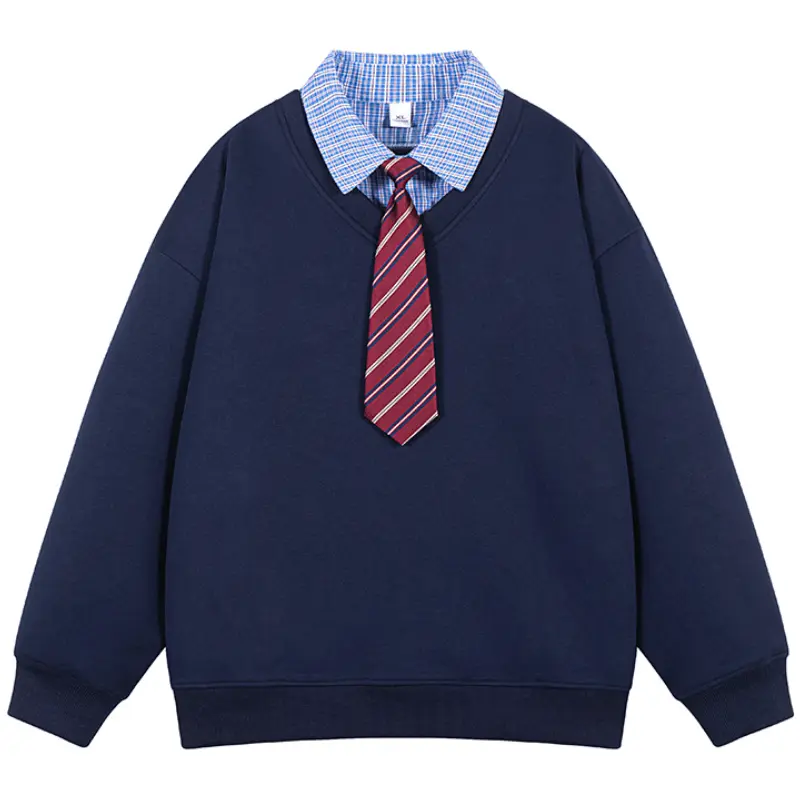 Men's Fake Two Piece Sweatshirt Plaid Shirt Collar With Decorative Striped Tie Long Sleeve Ribbed Cuff And Hem Pullover Suitable For Campus Style Daily Dating Casual Gathering Streetwear Fashion Autumn And Winter Daily Tops