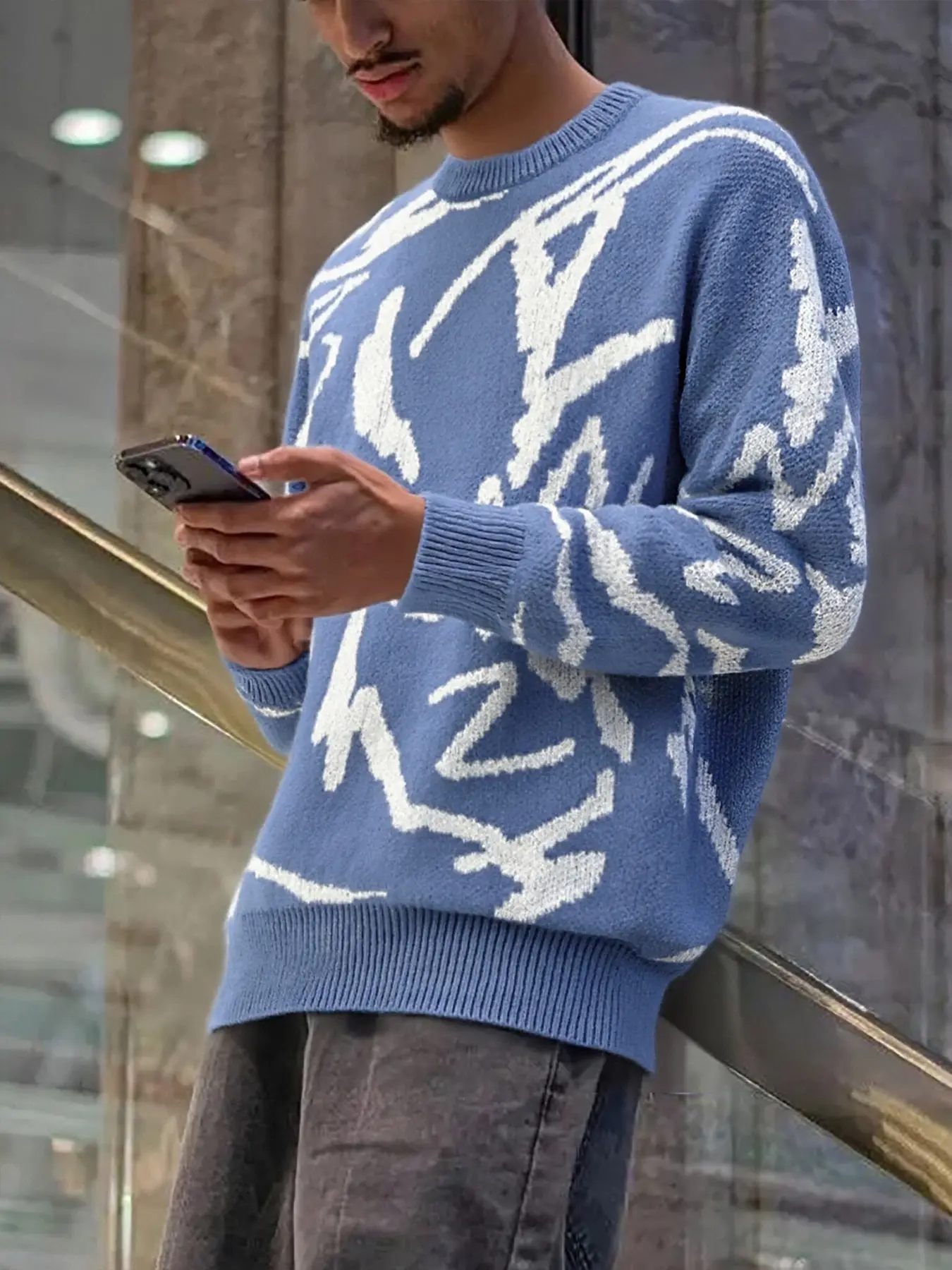 Men's Geometric Print Striped Drop Shoulder Sweater Pullover, Casual Street Soft Comfy Long Sleeve Round Neck Jumper for Fall & Winter, Men's Knitwear for Daily Wear