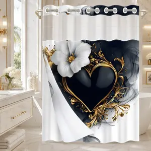 1PC 2D Flat Heart-Shaped Floral Pattern Double-Layer Woven Shower Curtain (No Hooks), Decorative Shower Curtain, Transparent Top Window, Removable liner with snap-on lining, Home Bathroom Partition Art Decoration, Bathroom Decor, Holiday Decoration