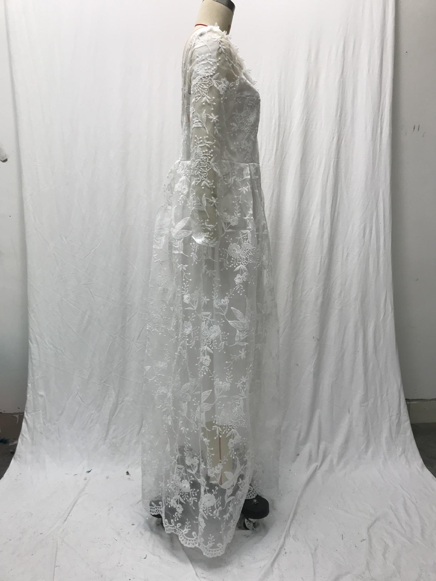 2026 New Style Women's Long-Sleeve Solid Color Sheer Lace Wedding Dress Bridal Gown