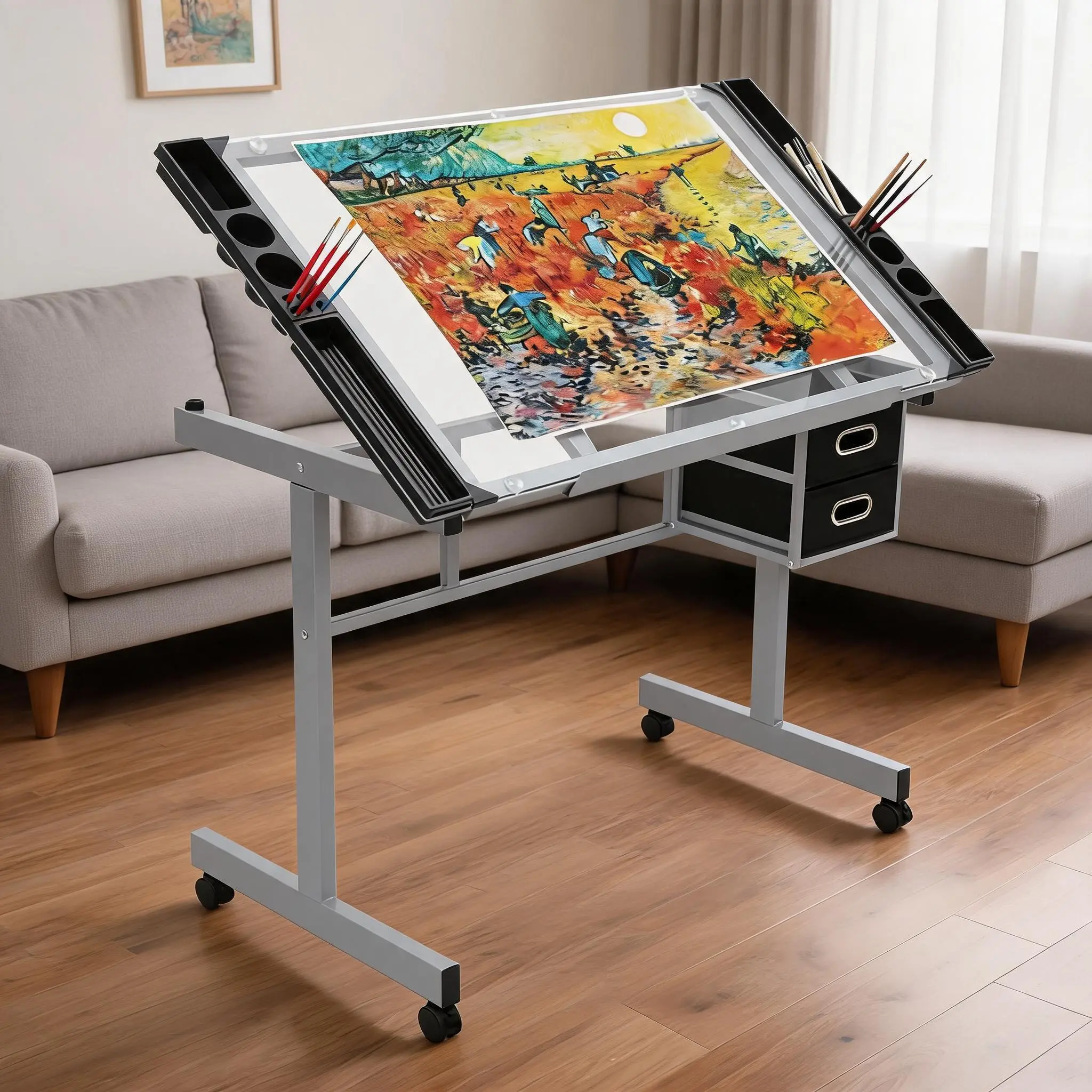 Adjustable Glass Drafting Desk with 0-65° Tilting Tabletop, 2 Drawers & Rolling Wheels, Mobile Drawing Workstation for Home Office, Silver