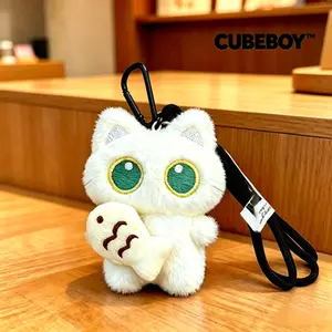 CUBE BOY Cute and silly, holding small fish with big eyes, black cat plush toy, couple's bag, pendant, creative apple small black cat keychain