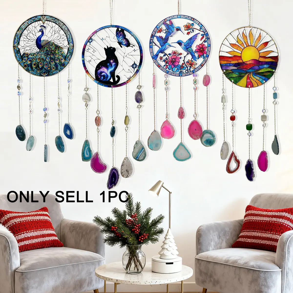 Natural Agate Pendant Acrylic Hanging Decoration, Decorative Hanging Piece, Hanging Ornaments, Decoration Items, Boho Decoration, Home Window Garden Hanging Decoration Sunshine Catcher, Office Wall Decoration, Ideal Gift for Birthday