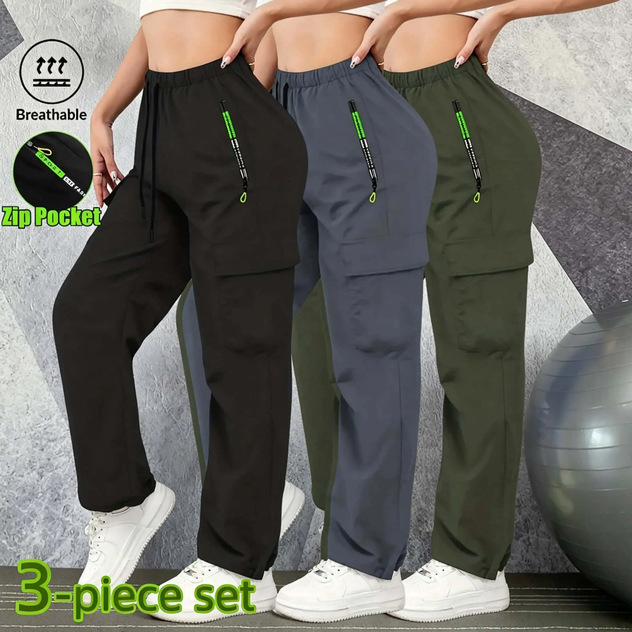 Women's 3-Pack High-Waisted Athleisure Pants, Loose Straight Leg with Pockets, Squat-Proof Breathable Activewear Bottoms for Fitness, Gym Yoga Clothing Sportswear, Fitness Workout Pants, Breathable Yoga Pants