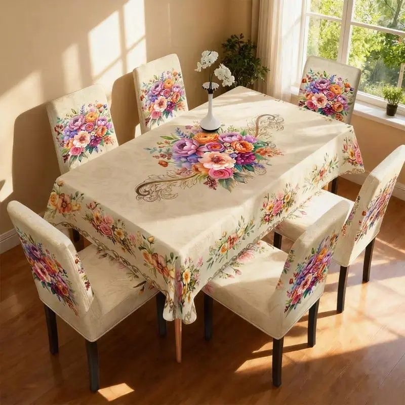 Floral Print Polyester Blend Dining Chair Covers & Matching Tablecloth Set, 5/7PCS Stretch Slipcovers with Covers Included, Washable Removable Indoor Use Protectors for Home Dining Room Decor