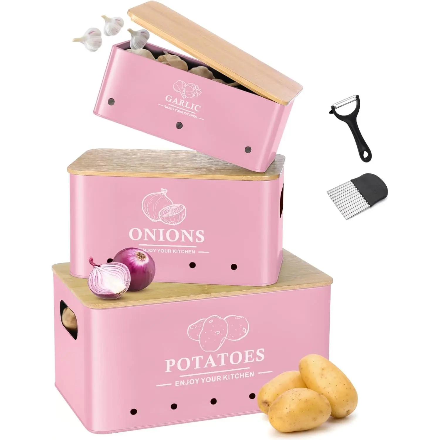 Pink 3-Piece Sturdy Bamboo-Lidded Rectangular Kitchen Vegetable Storage Container Bin Set - Airtight, with Aerating Holes, Light-Protective, Ideal Gift for Mom/Grandma for Thanksgiving, Anniversary, Valentine's Day