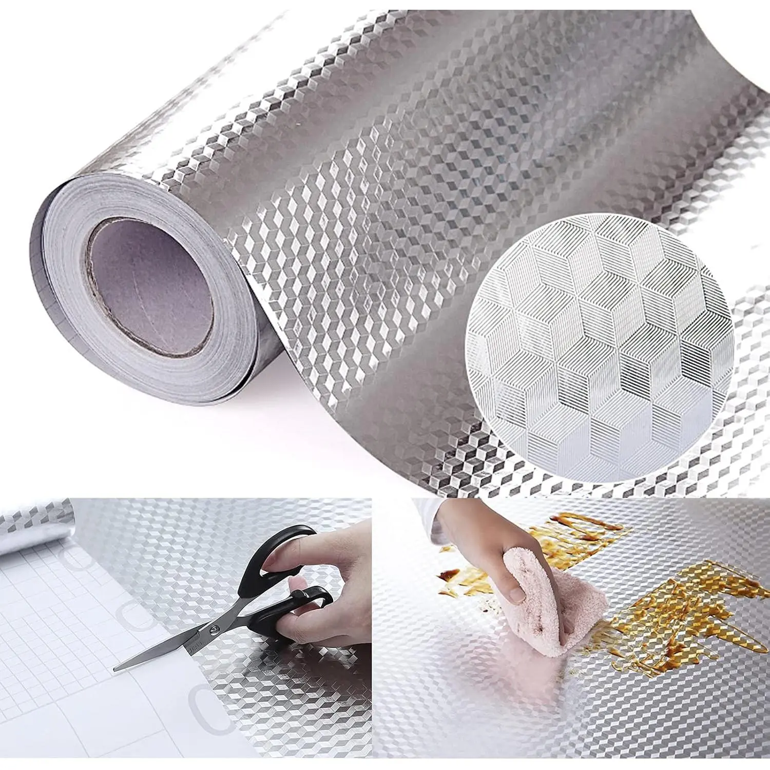 Kitchen Wallpaper Oil Proof Sticker Backsplash Aluminum foil Oil self-Adhesive Paper Silver Cabinet Liner Waterproof and Heat Resistant Peel and Stick backsplash, 15.7X118.1 Inches