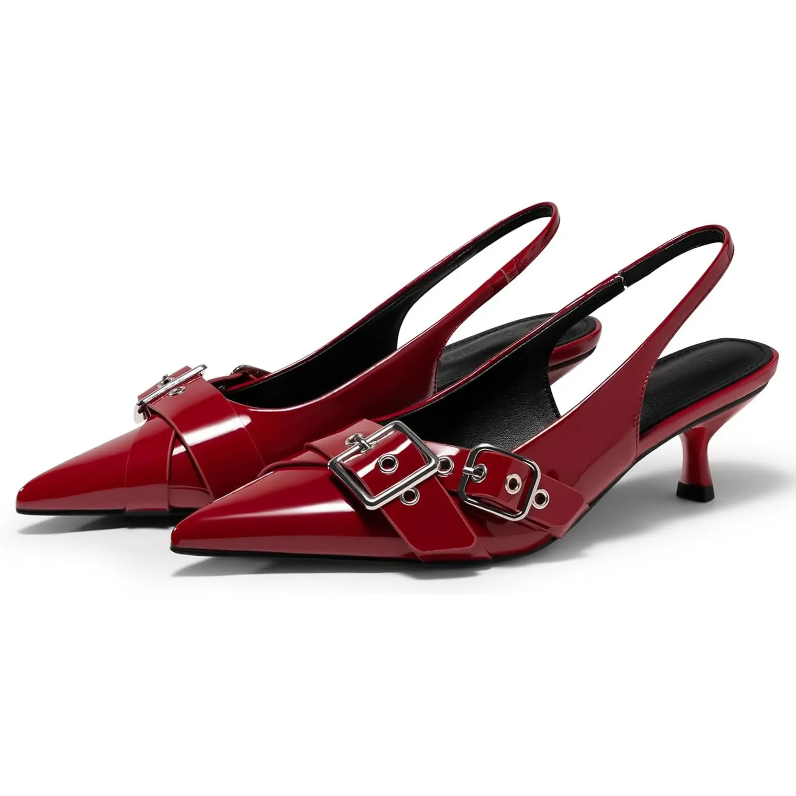 Coutgo Women's Slingback Kitten Heels - Closed Pointed Toe Pumps with Studded Buckle Strap, Chic, Breathable, Plain, for Casual & Party Wear, Footwear, Rubber, Closed Toe, Ankle Strap, Bow, Elegant, Shoe, Heels For Women, All Seasons, Sandal, Kitten Heels